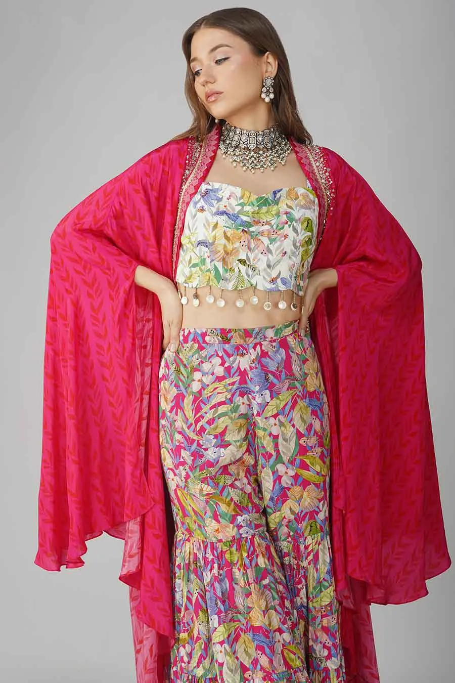 Rani Pink Leaf Printed Blouse, Gharara & Cape Set