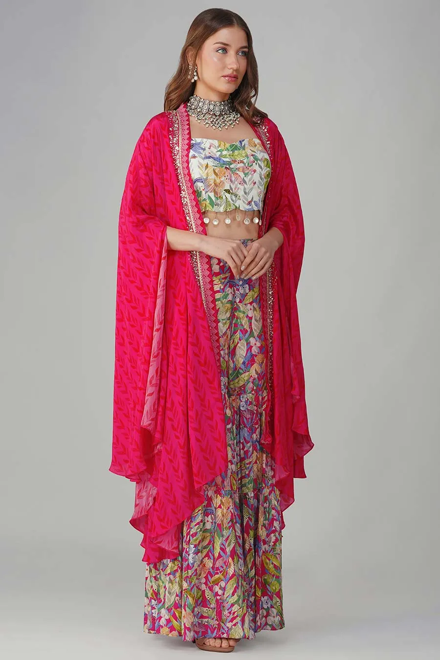 Rani Pink Leaf Printed Blouse, Gharara & Cape Set