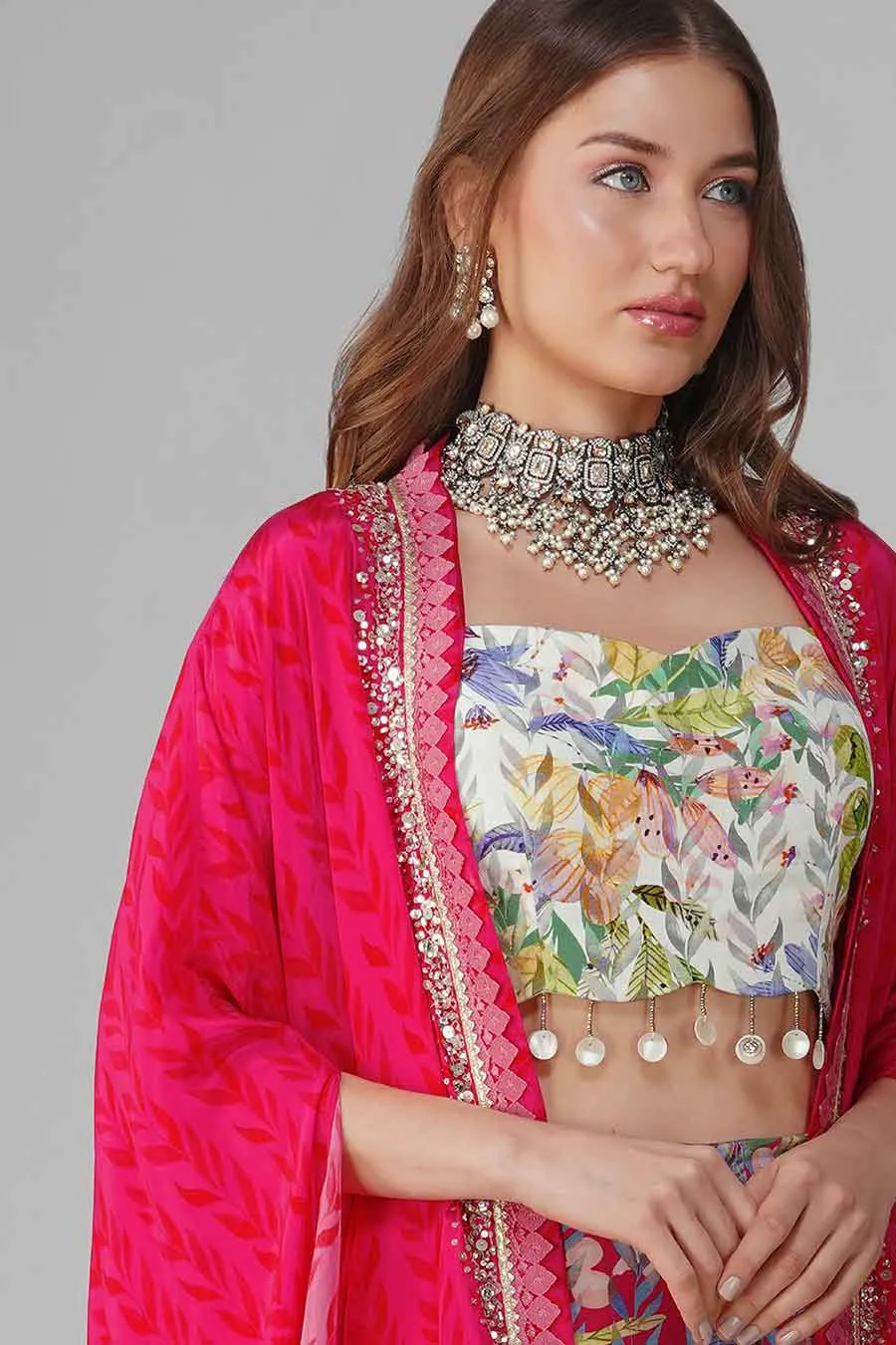 Rani Pink Leaf Printed Blouse, Gharara & Cape Set