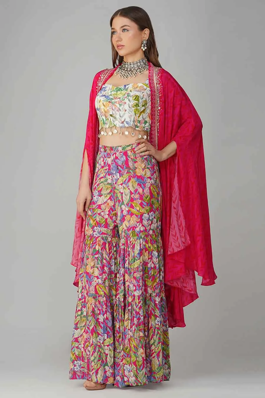 Rani Pink Leaf Printed Blouse, Gharara & Cape Set