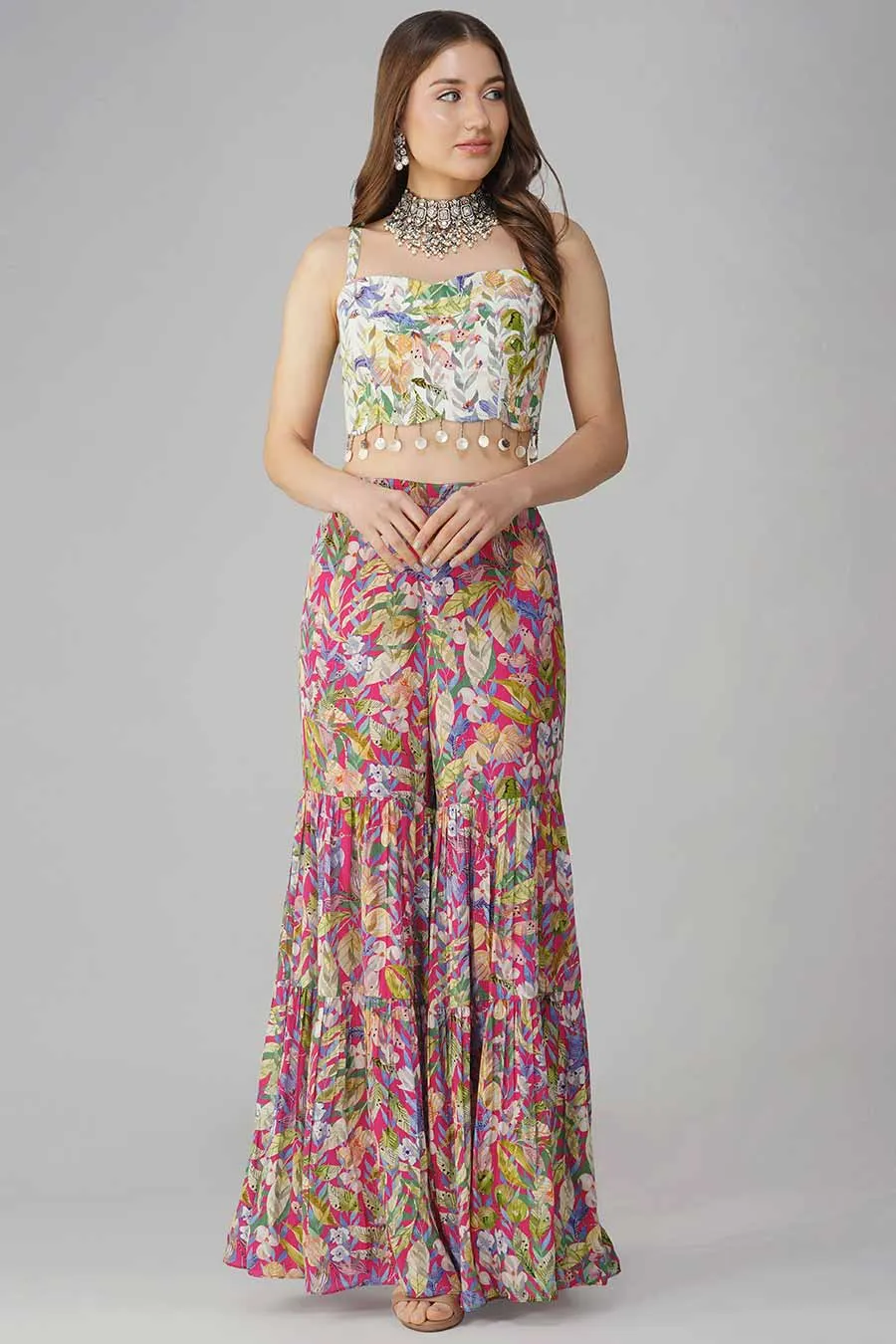 Rani Pink Leaf Printed Blouse, Gharara & Cape Set