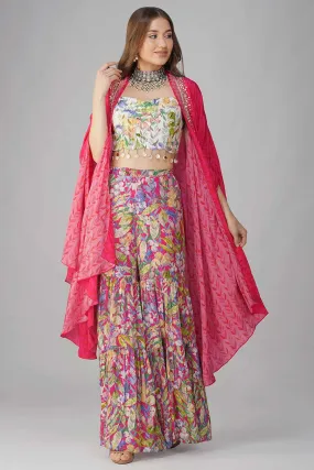 Rani Pink Leaf Printed Blouse, Gharara & Cape Set
