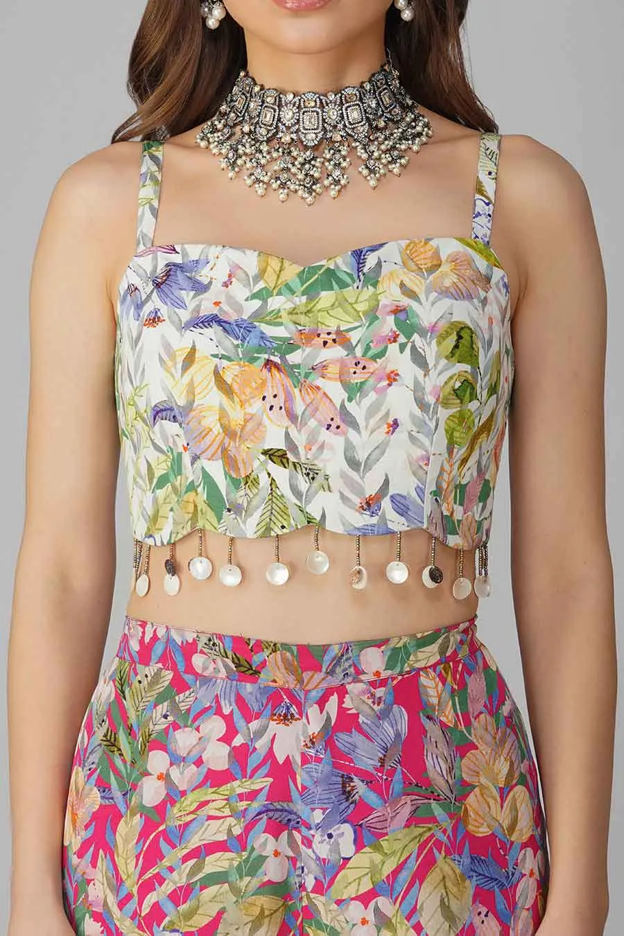 Rani Pink Leaf Printed Blouse, Gharara & Cape Set