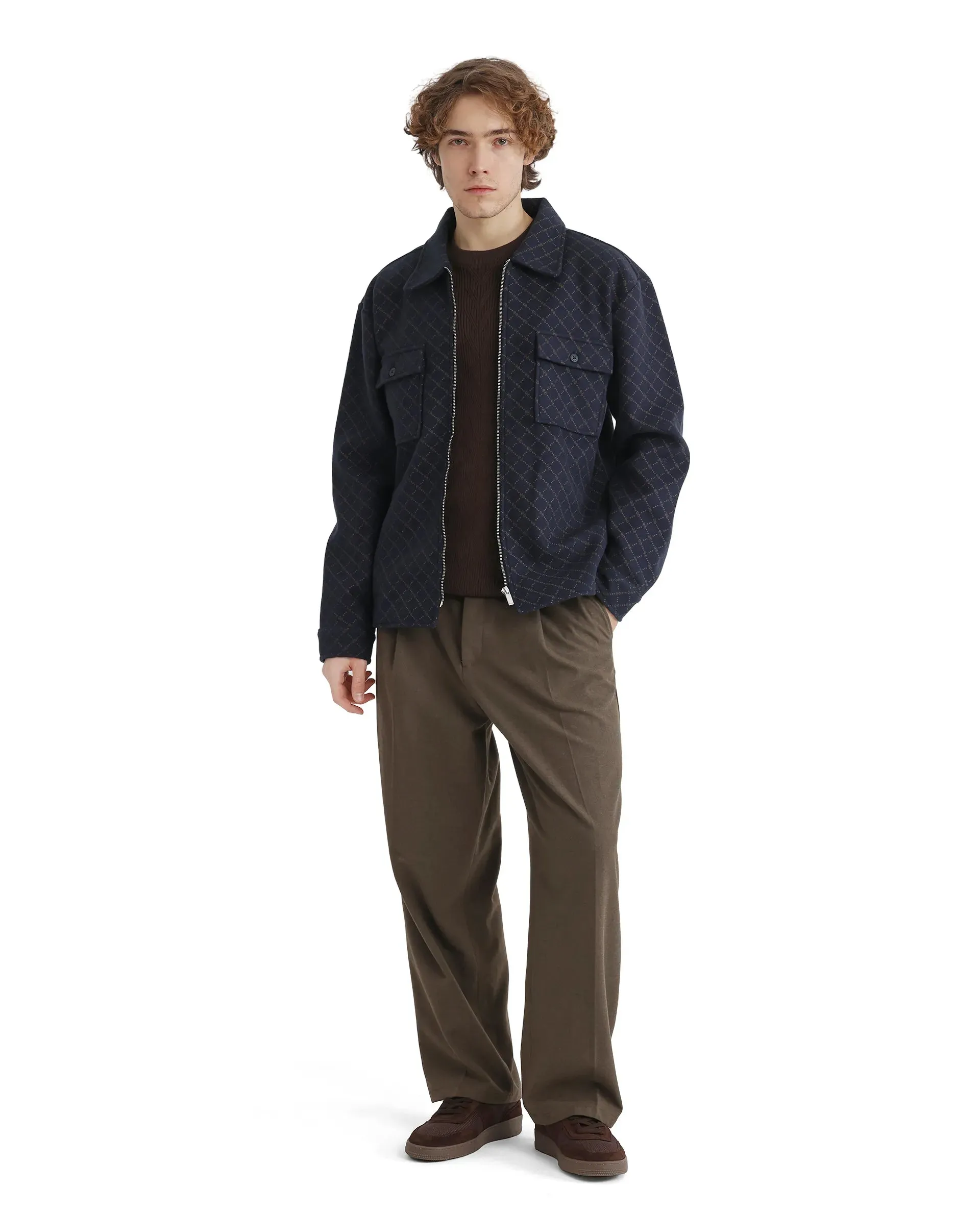 Rare Rabbit Men Lybro Navy Polyester Fabric Full Sleeve Two Front Flap Pocket Broad Collared Printed Jacket