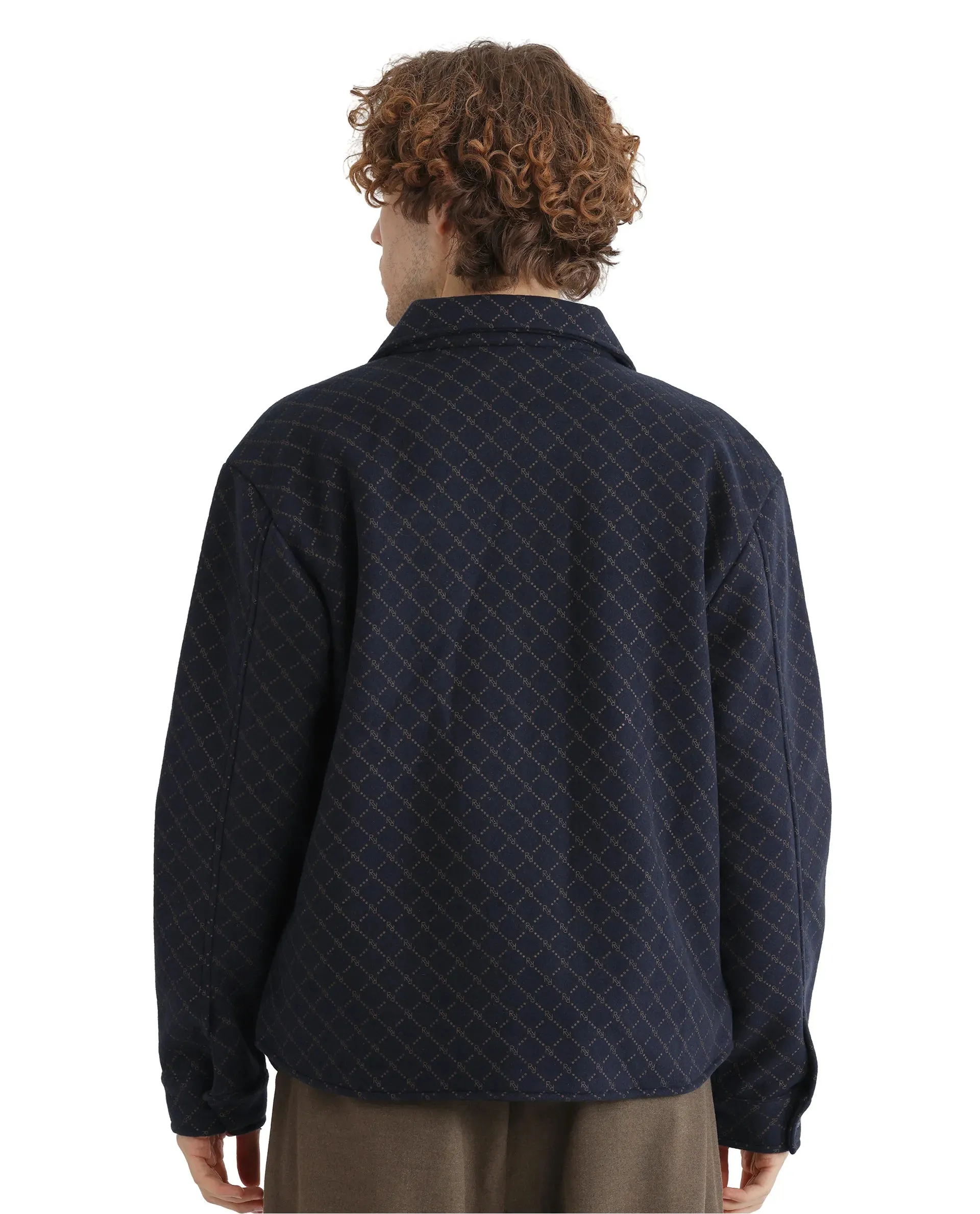 Rare Rabbit Men Lybro Navy Polyester Fabric Full Sleeve Two Front Flap Pocket Broad Collared Printed Jacket