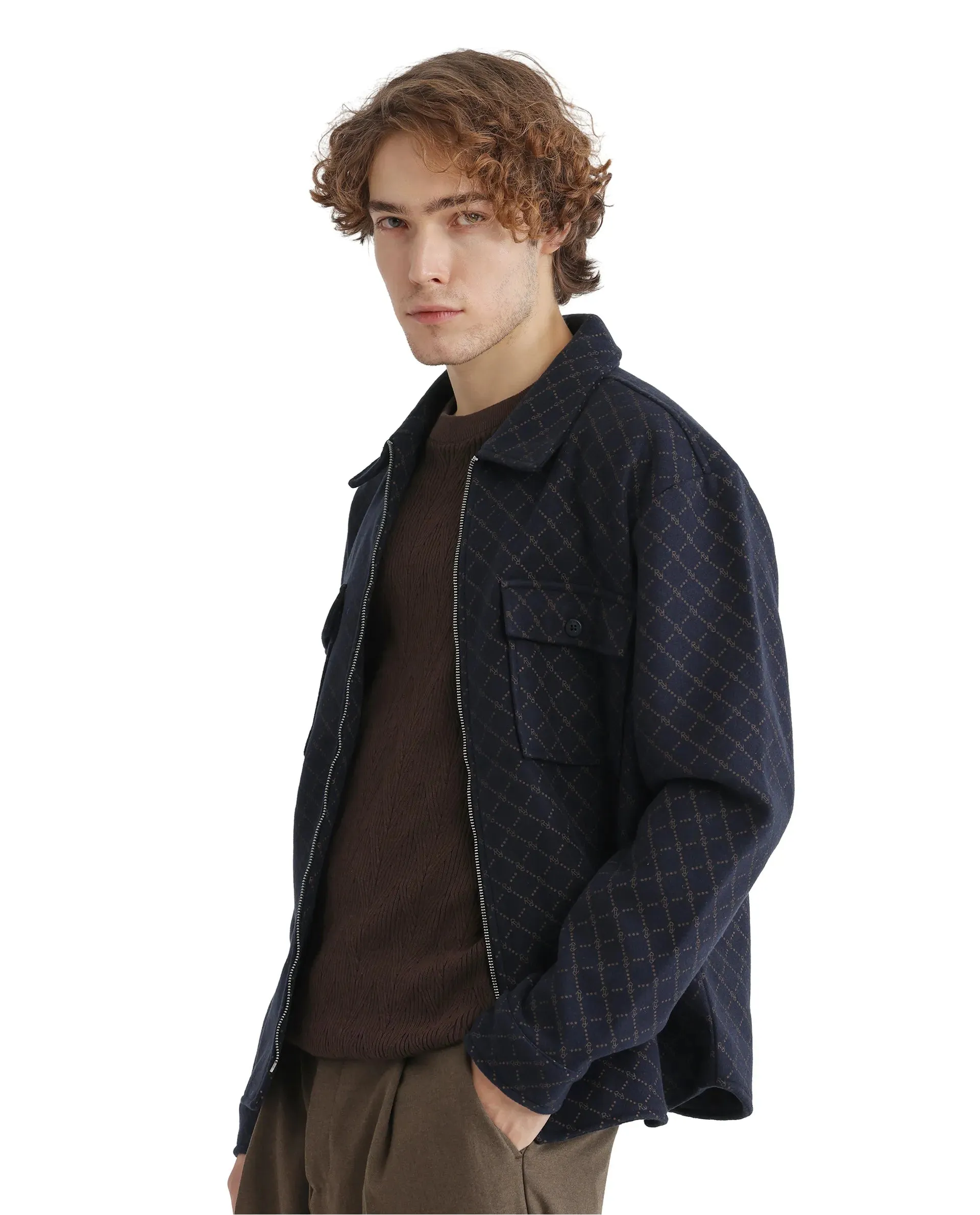 Rare Rabbit Men Lybro Navy Polyester Fabric Full Sleeve Two Front Flap Pocket Broad Collared Printed Jacket