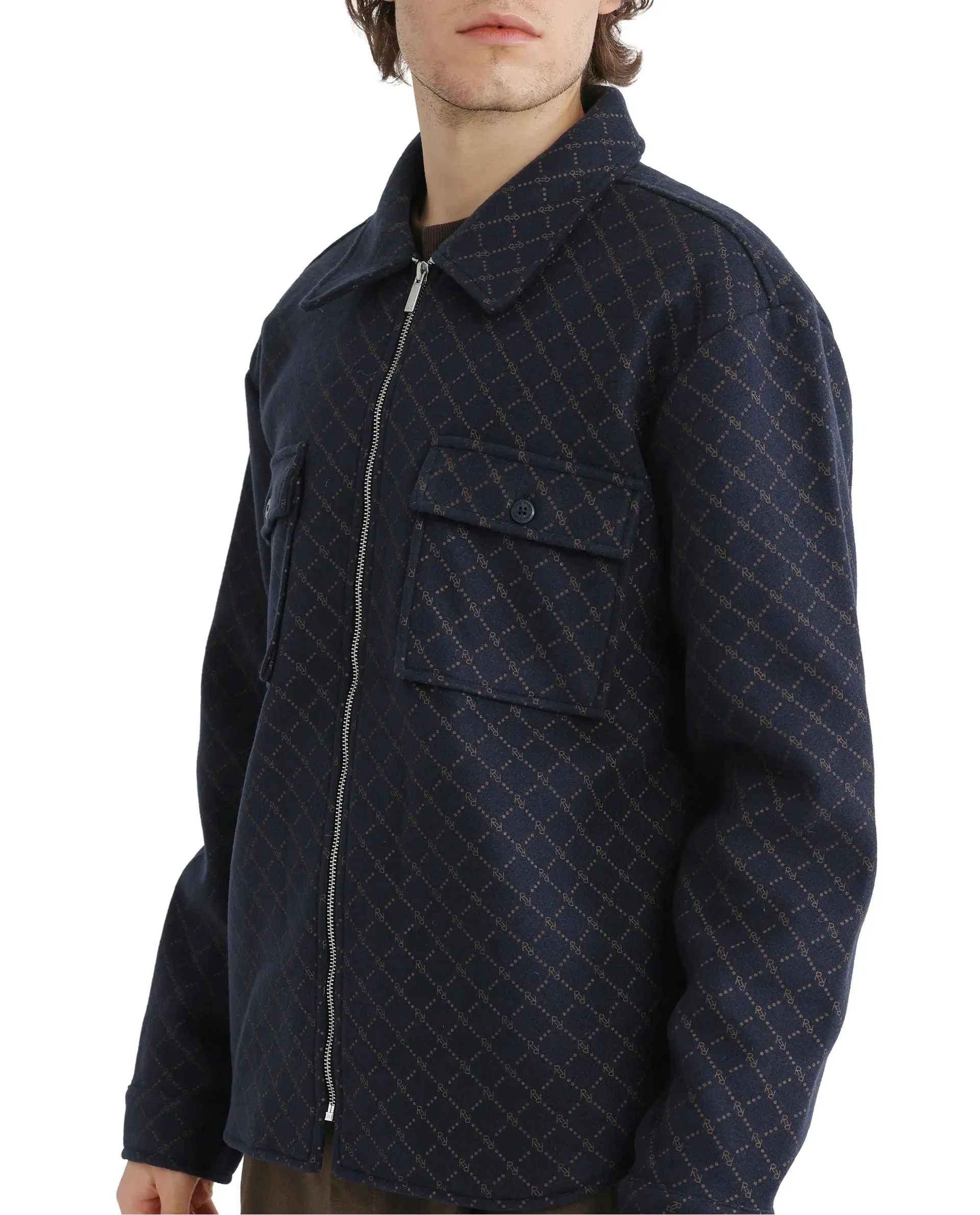 Rare Rabbit Men Lybro Navy Polyester Fabric Full Sleeve Two Front Flap Pocket Broad Collared Printed Jacket