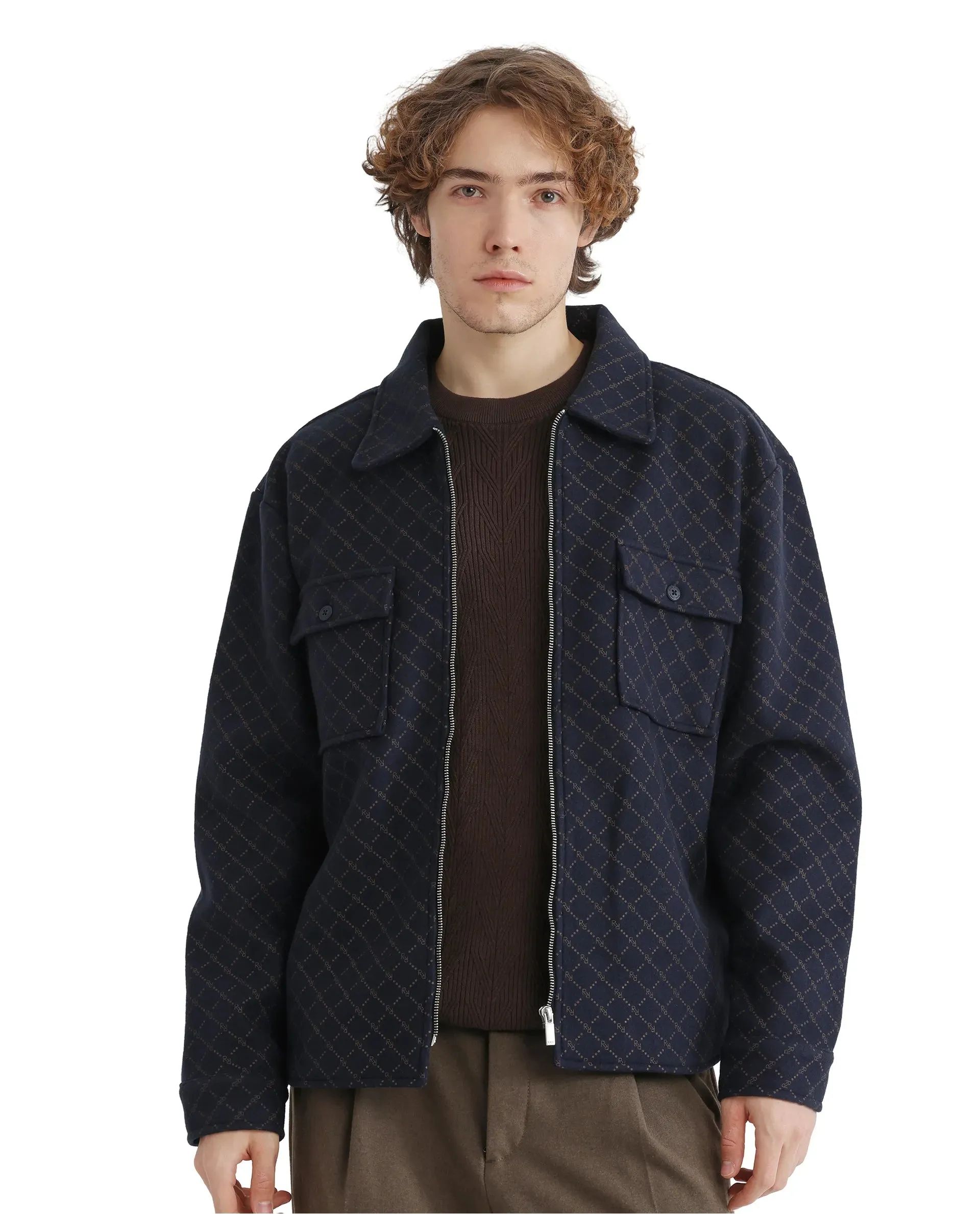 Rare Rabbit Men Lybro Navy Polyester Fabric Full Sleeve Two Front Flap Pocket Broad Collared Printed Jacket