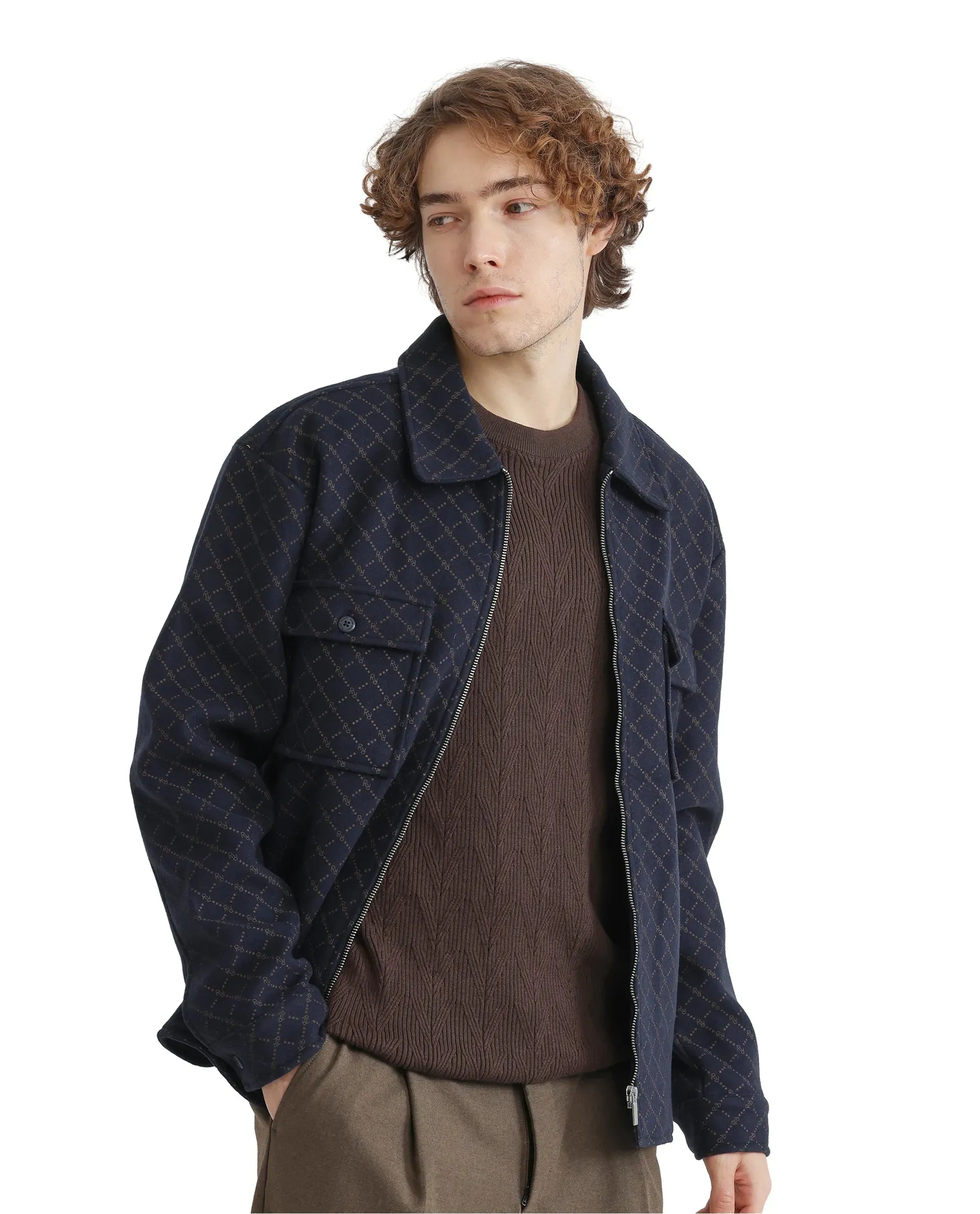 Rare Rabbit Men Lybro Navy Polyester Fabric Full Sleeve Two Front Flap Pocket Broad Collared Printed Jacket