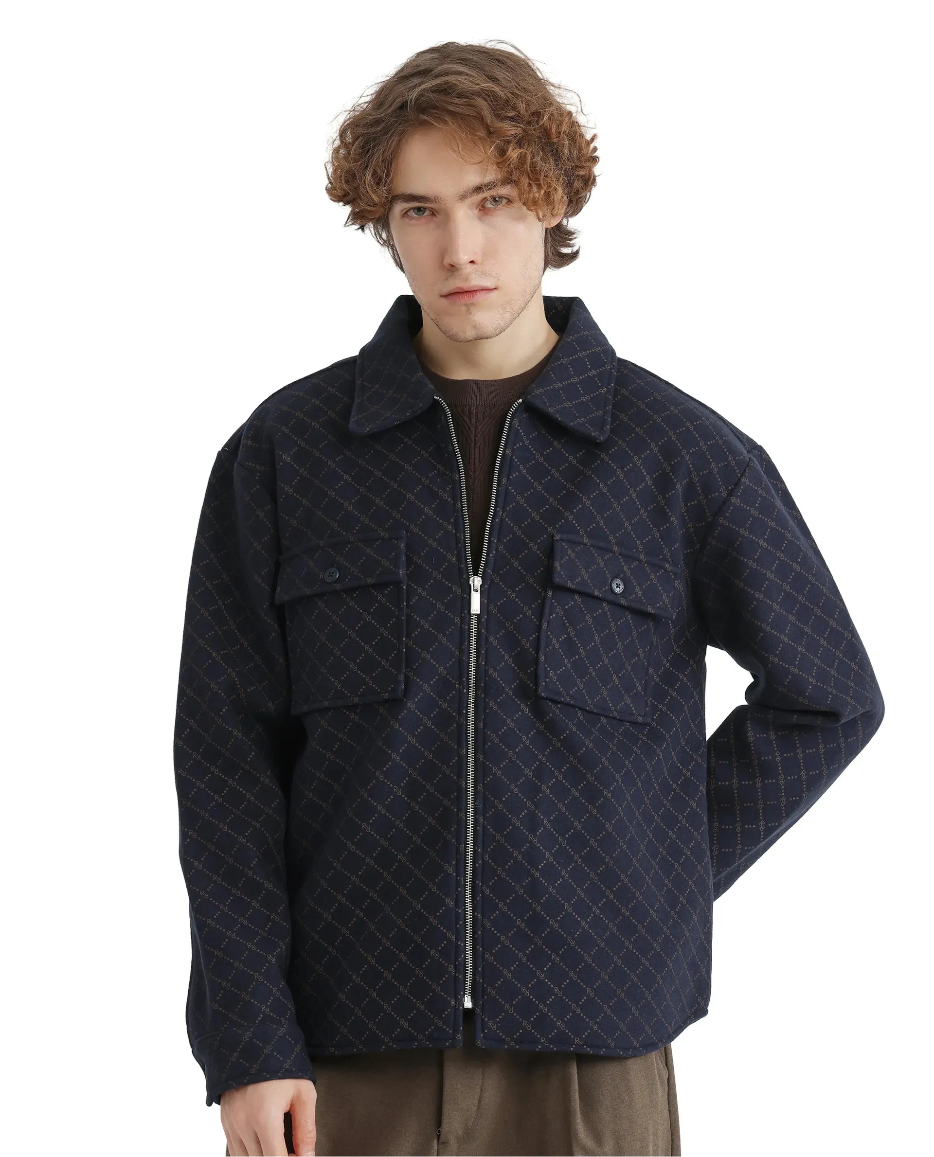 Rare Rabbit Men Lybro Navy Polyester Fabric Full Sleeve Two Front Flap Pocket Broad Collared Printed Jacket