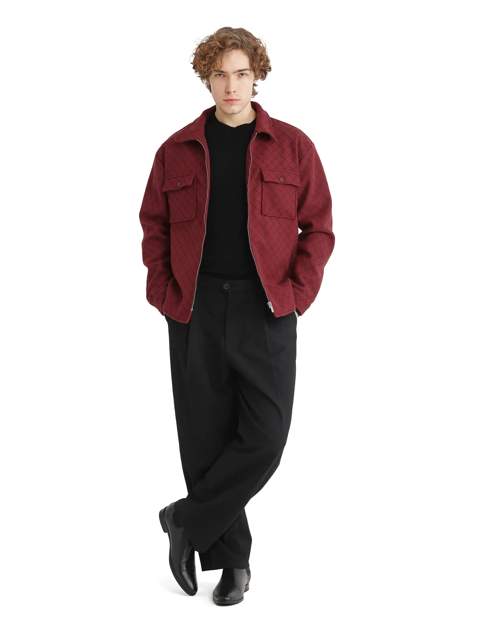 Rare Rabbit Men Lybro Red Polyester Fabric Full Sleeve Two Front Flap Pocket Broad Collared Printed Jacket