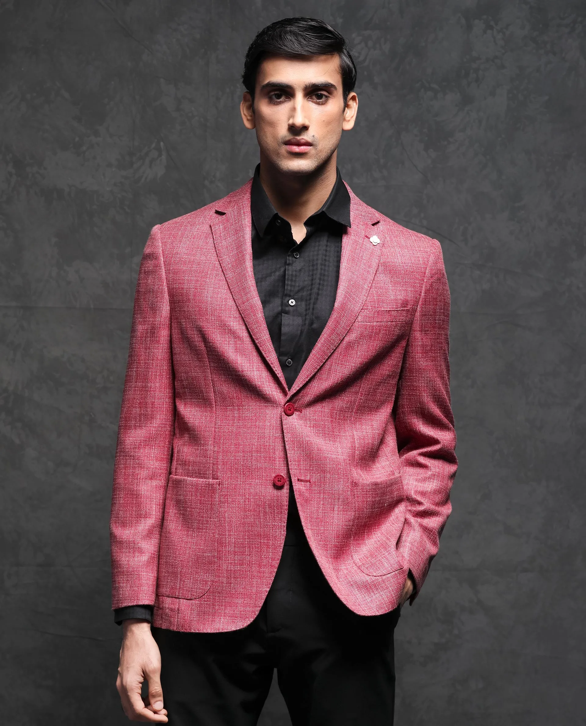 Rare Rabbit Men's Drew Red Polyester Viscose Fabric Notch Lapel Single Breasted Tailored Fit Textured Blazer
