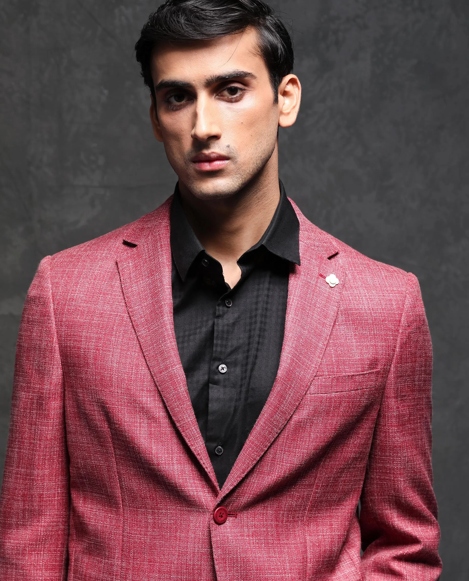 Rare Rabbit Men's Drew Red Polyester Viscose Fabric Notch Lapel Single Breasted Tailored Fit Textured Blazer