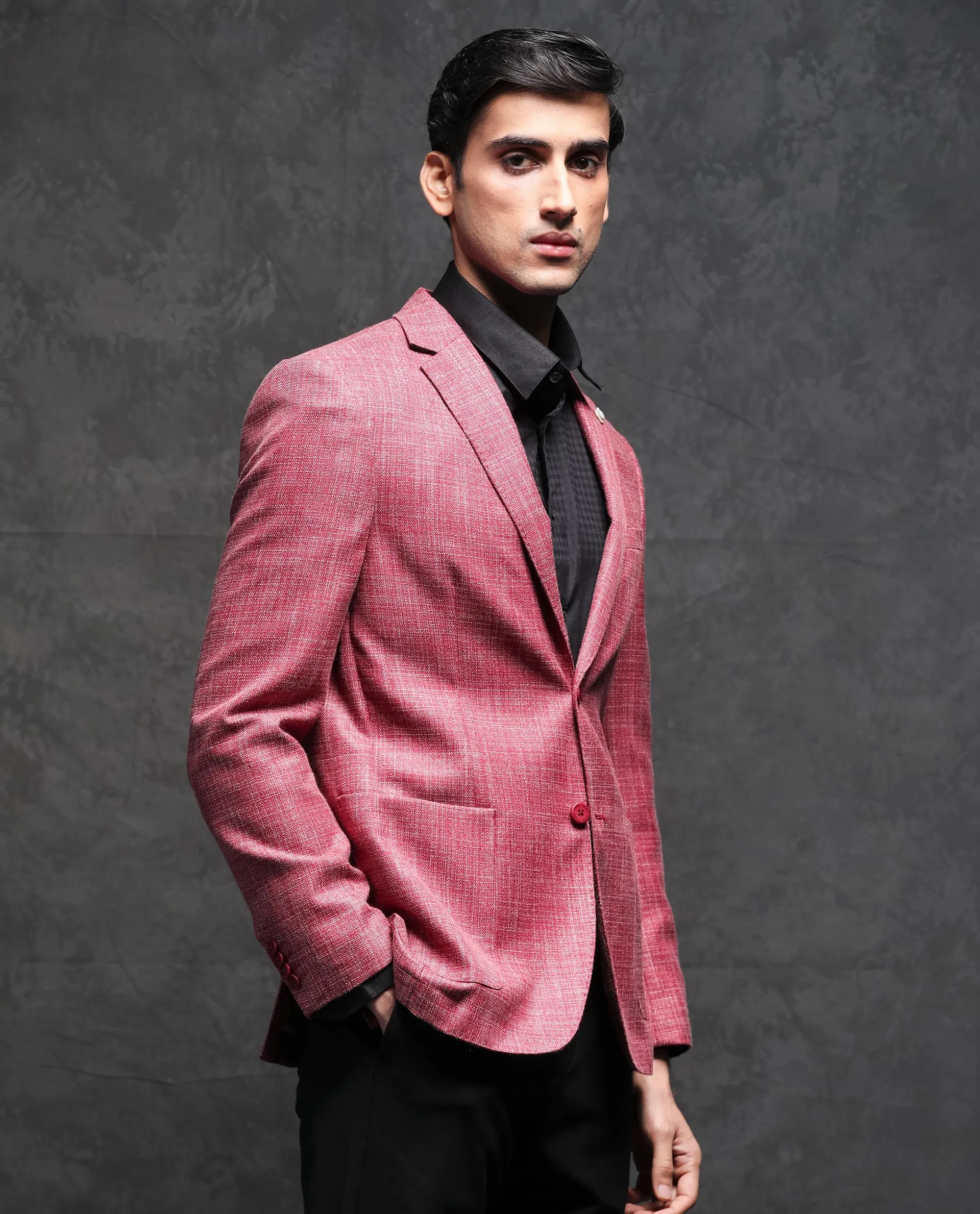 Rare Rabbit Men's Drew Red Polyester Viscose Fabric Notch Lapel Single Breasted Tailored Fit Textured Blazer