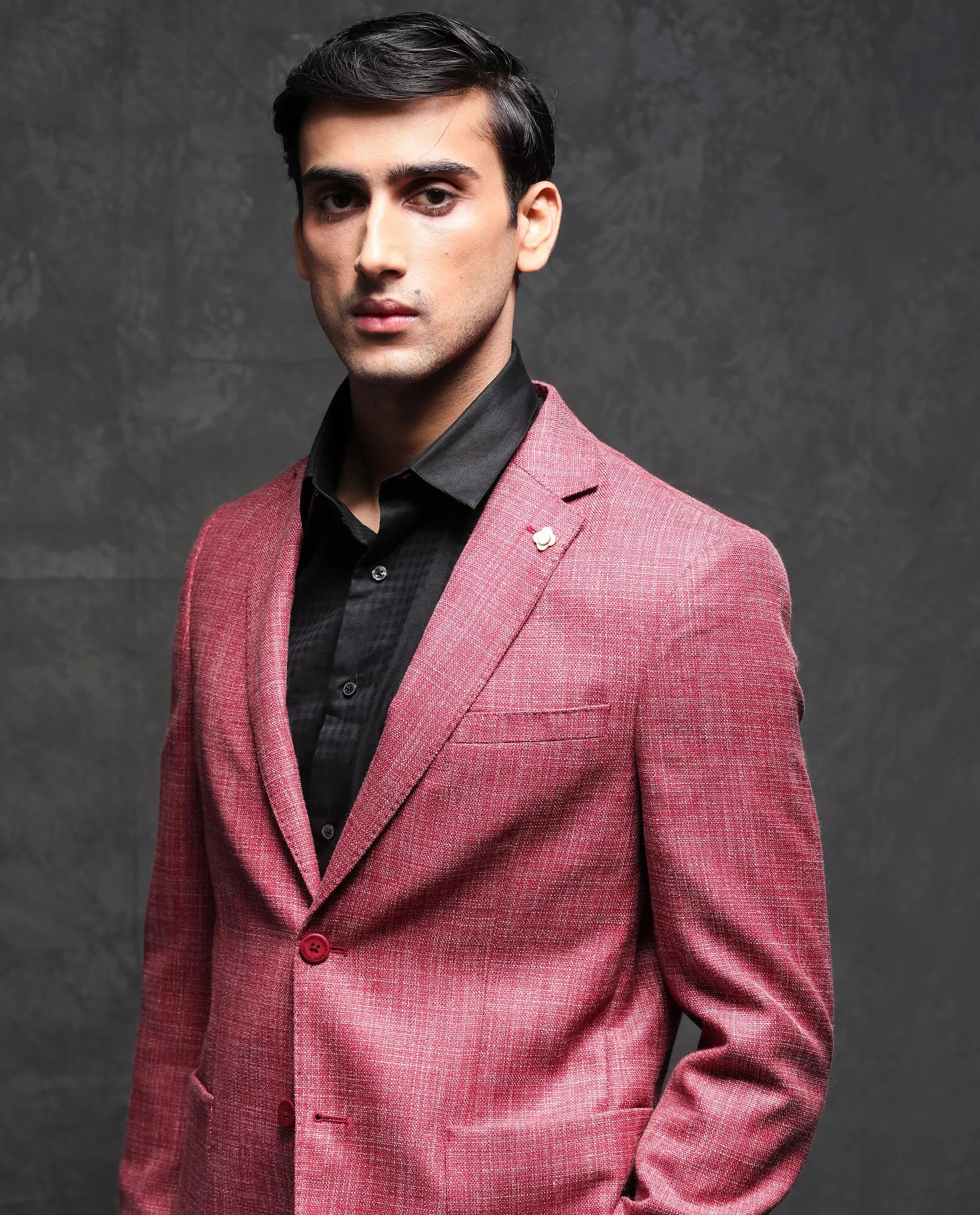 Rare Rabbit Men's Drew Red Polyester Viscose Fabric Notch Lapel Single Breasted Tailored Fit Textured Blazer