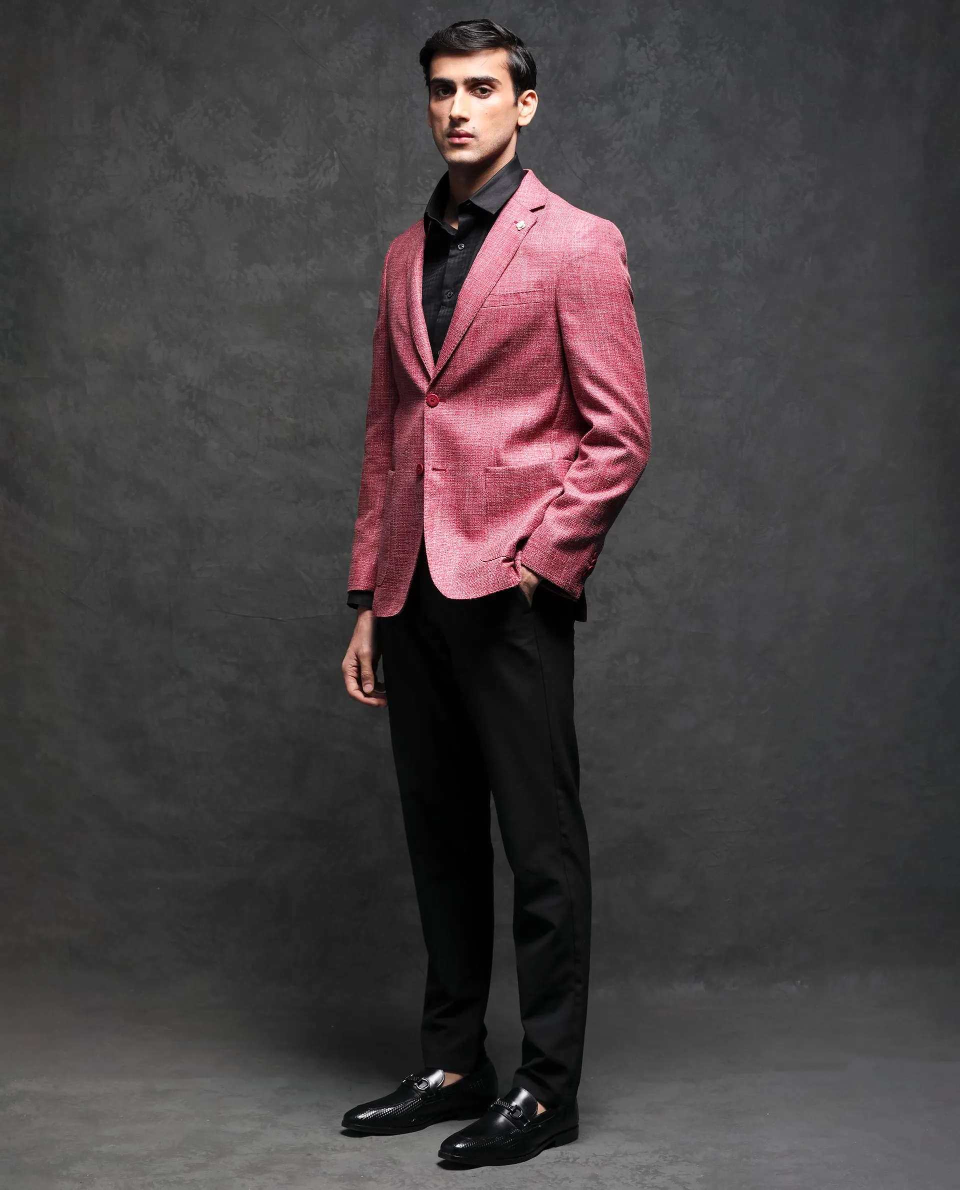 Rare Rabbit Men's Drew Red Polyester Viscose Fabric Notch Lapel Single Breasted Tailored Fit Textured Blazer