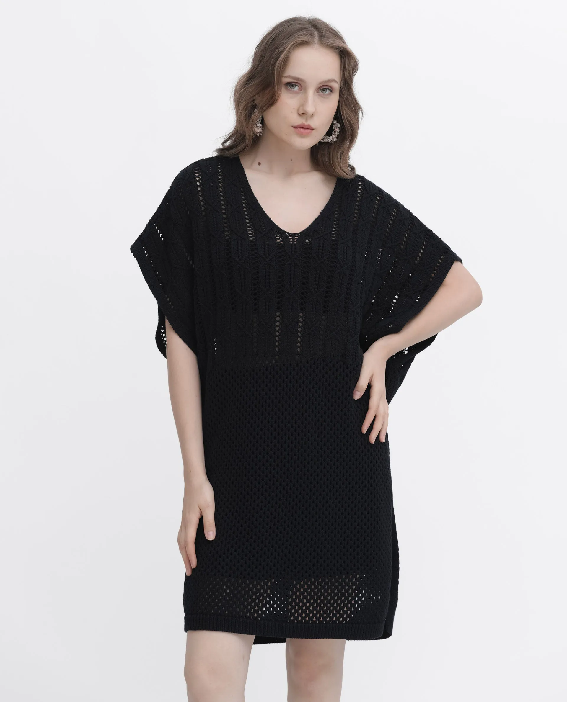 Rareism Women Espantiago Black Cotton Fabric Short Sleeves V-Neck Extended Sleeve Relaxed Fit Plain Knee Length Dress