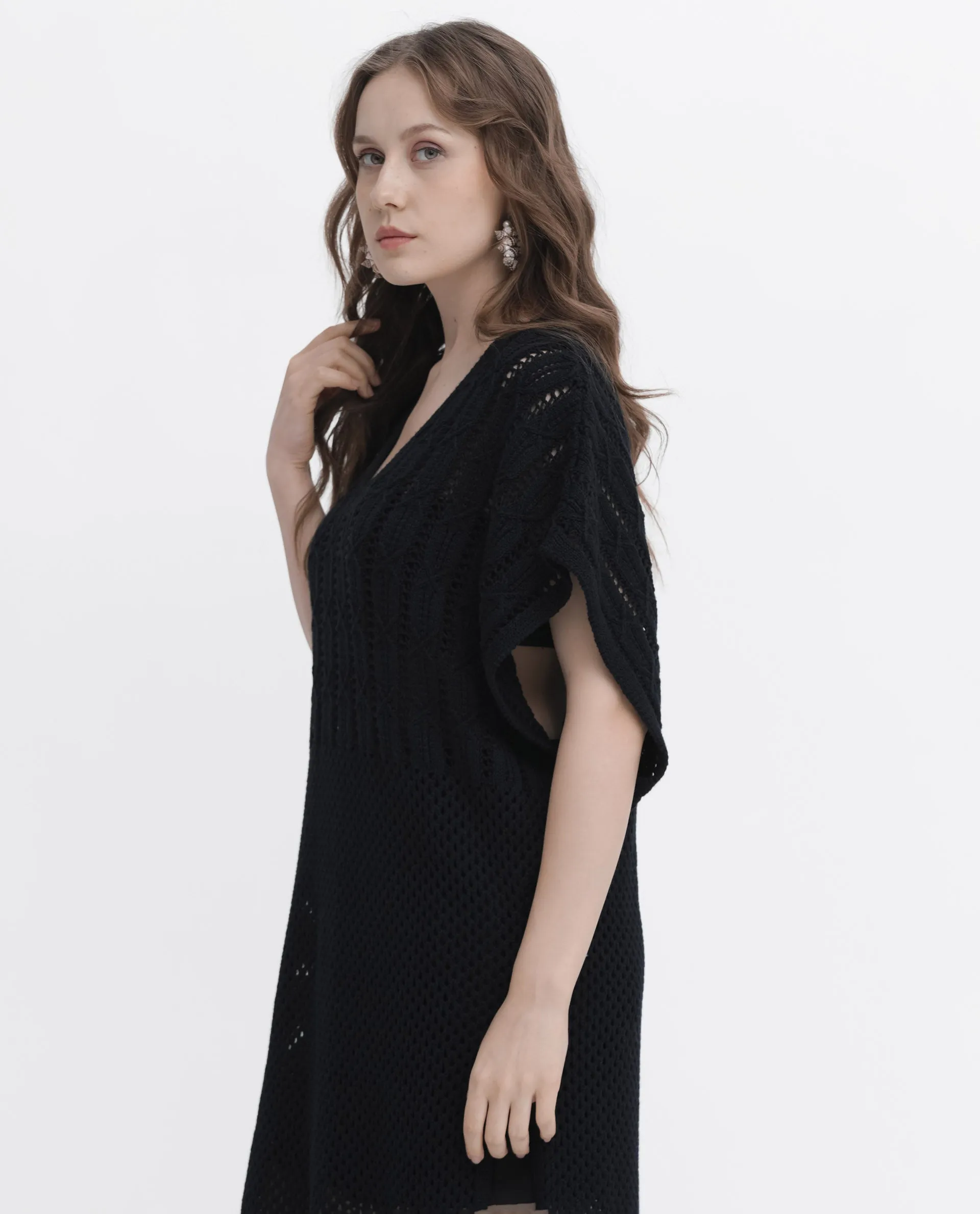 Rareism Women Espantiago Black Cotton Fabric Short Sleeves V-Neck Extended Sleeve Relaxed Fit Plain Knee Length Dress