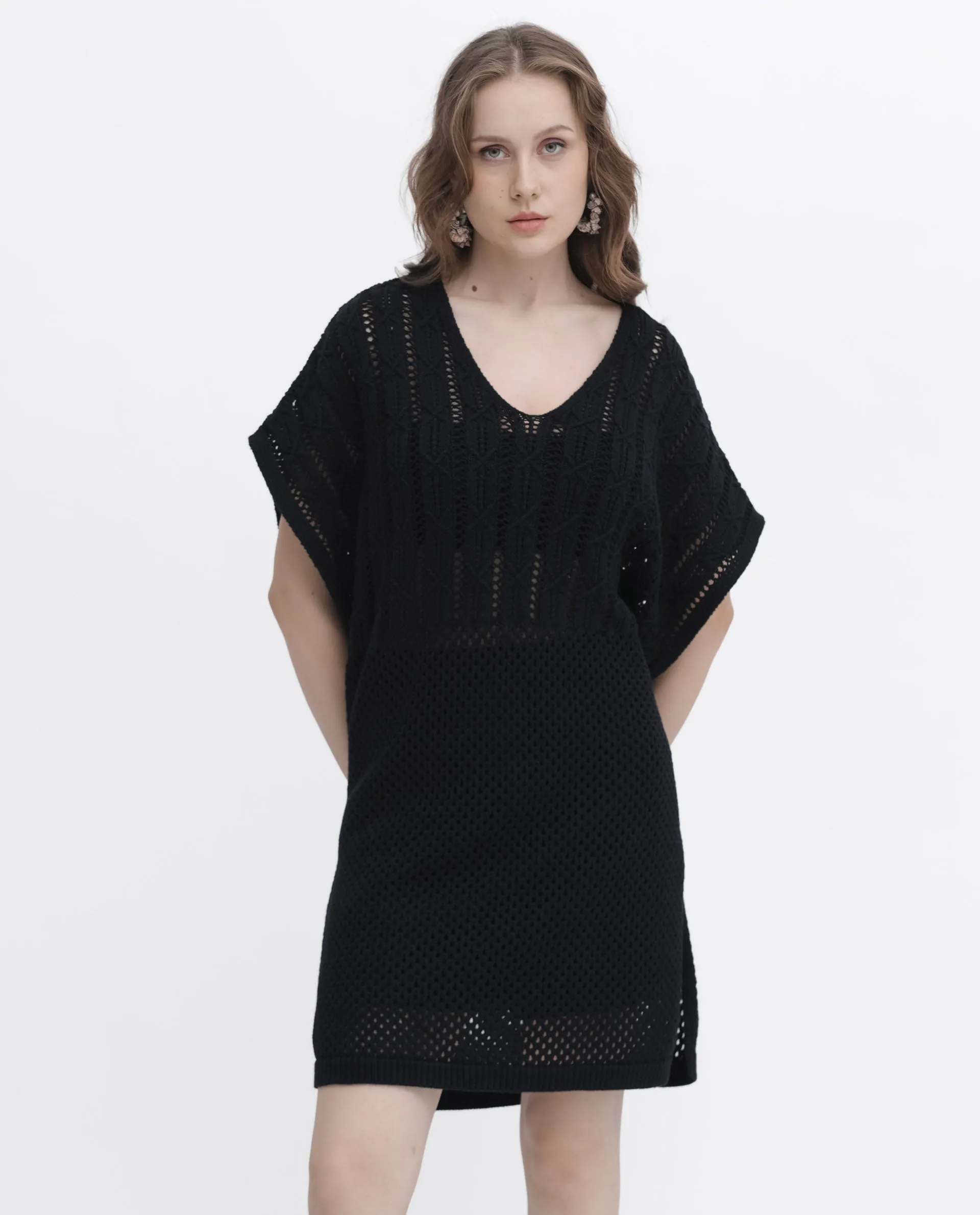Rareism Women Espantiago Black Cotton Fabric Short Sleeves V-Neck Extended Sleeve Relaxed Fit Plain Knee Length Dress