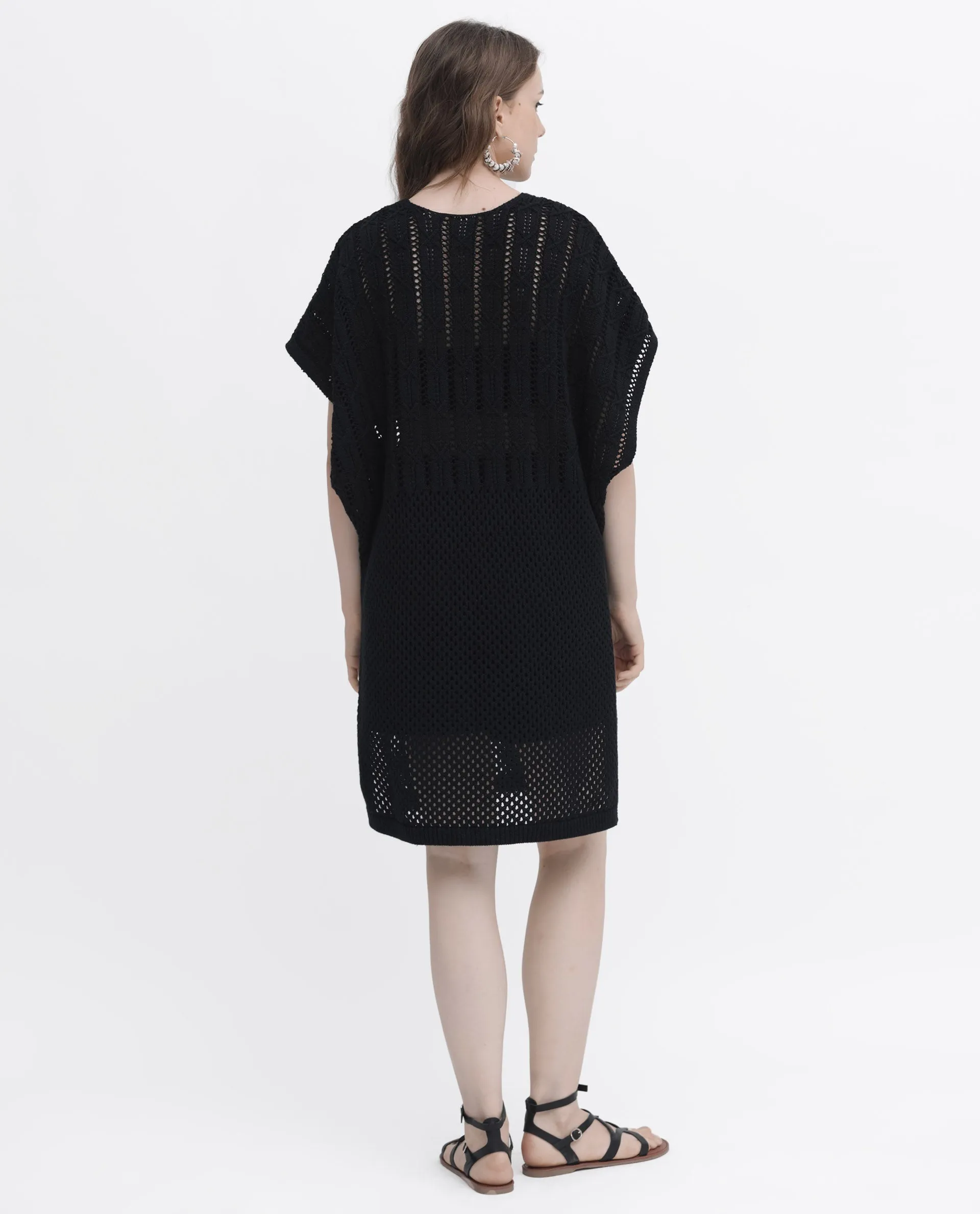 Rareism Women Espantiago Black Cotton Fabric Short Sleeves V-Neck Extended Sleeve Relaxed Fit Plain Knee Length Dress