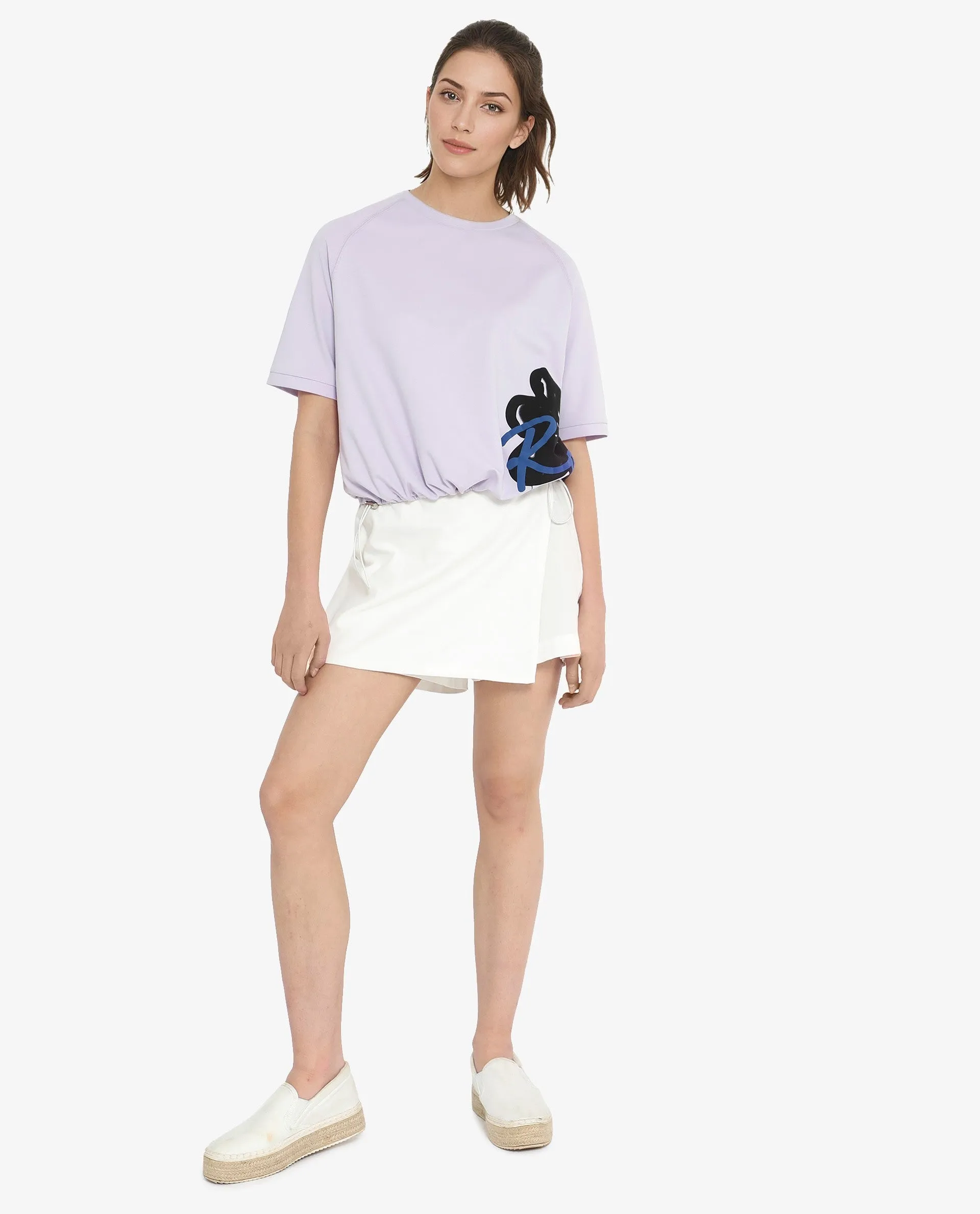 Rareism Women Marco Pastel Purple Cotton Lycra Fabric Short Sleeve Crew Neck Graphic Print T-Shirt