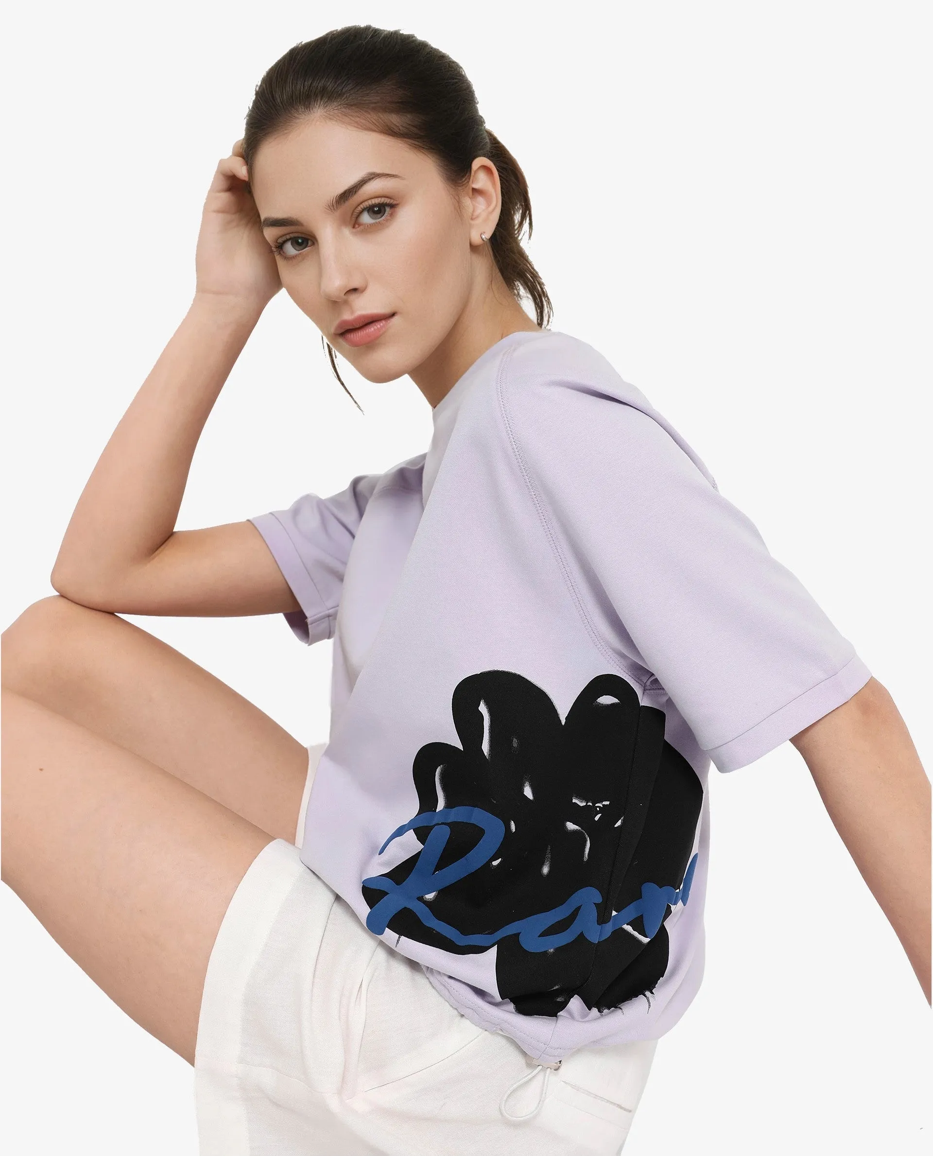 Rareism Women Marco Pastel Purple Cotton Lycra Fabric Short Sleeve Crew Neck Graphic Print T-Shirt