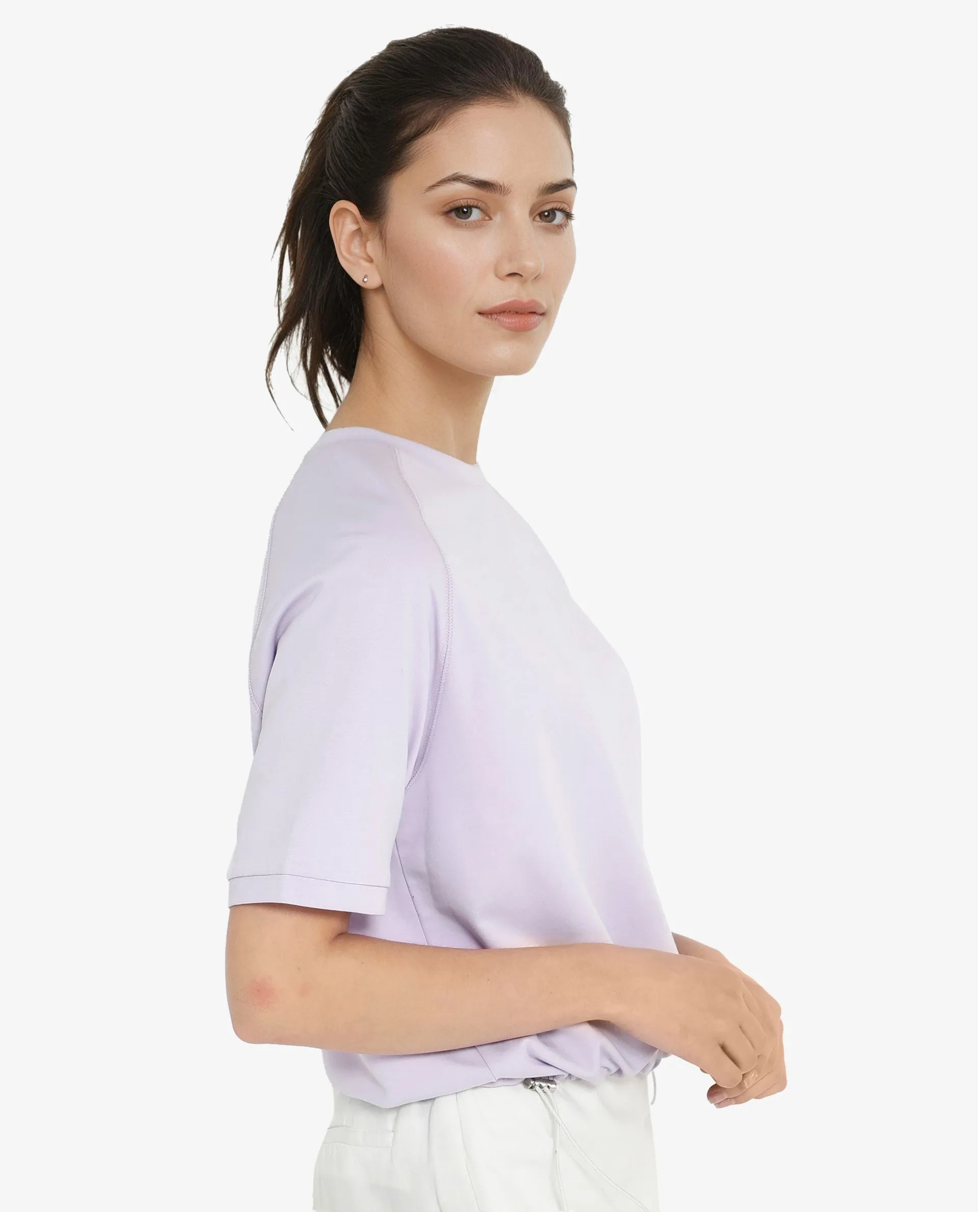 Rareism Women Marco Pastel Purple Cotton Lycra Fabric Short Sleeve Crew Neck Graphic Print T-Shirt