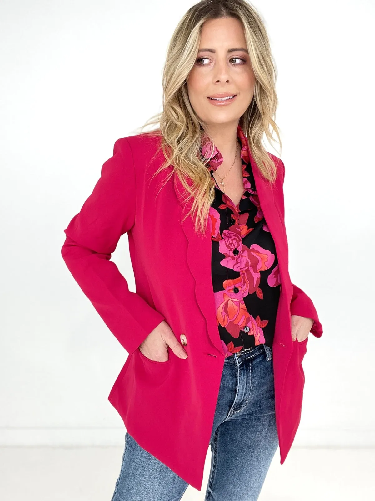 Rose Wavy Collar Single Button Blazer