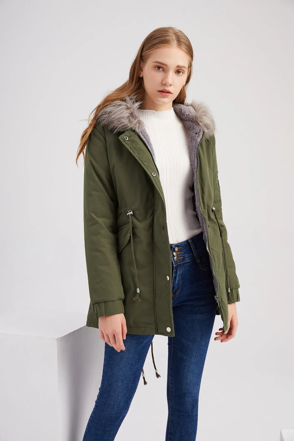 Sidiou Group Anniou Fashion Women's Mid-length Cotton Jacket Hooded Loose Solid Color Coat Winter Warm and Fleece Jacket with Drawstring