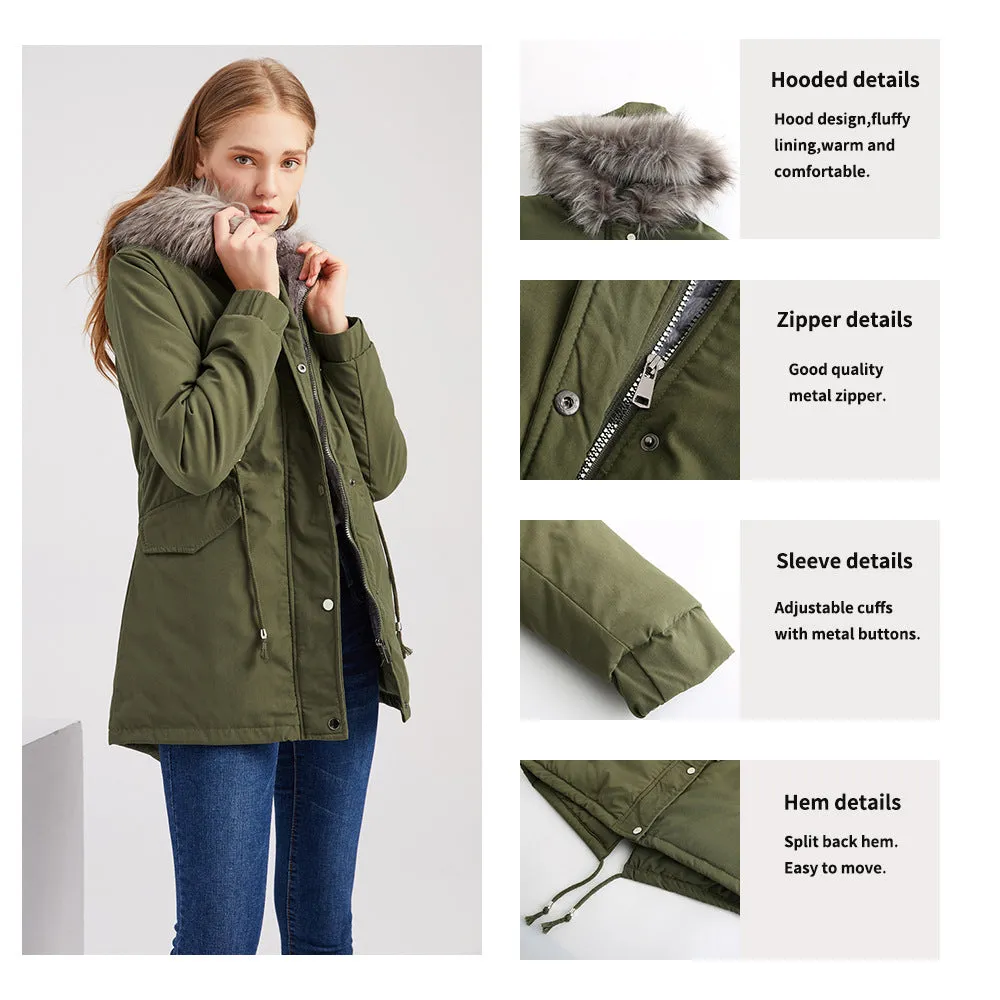 Sidiou Group Anniou Fashion Women's Mid-length Cotton Jacket Hooded Loose Solid Color Coat Winter Warm and Fleece Jacket with Drawstring