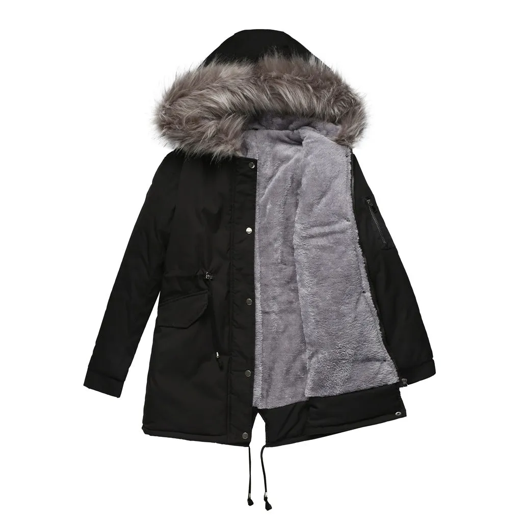 Sidiou Group Anniou Fashion Women's Mid-length Cotton Jacket Hooded Loose Solid Color Coat Winter Warm and Fleece Jacket with Drawstring