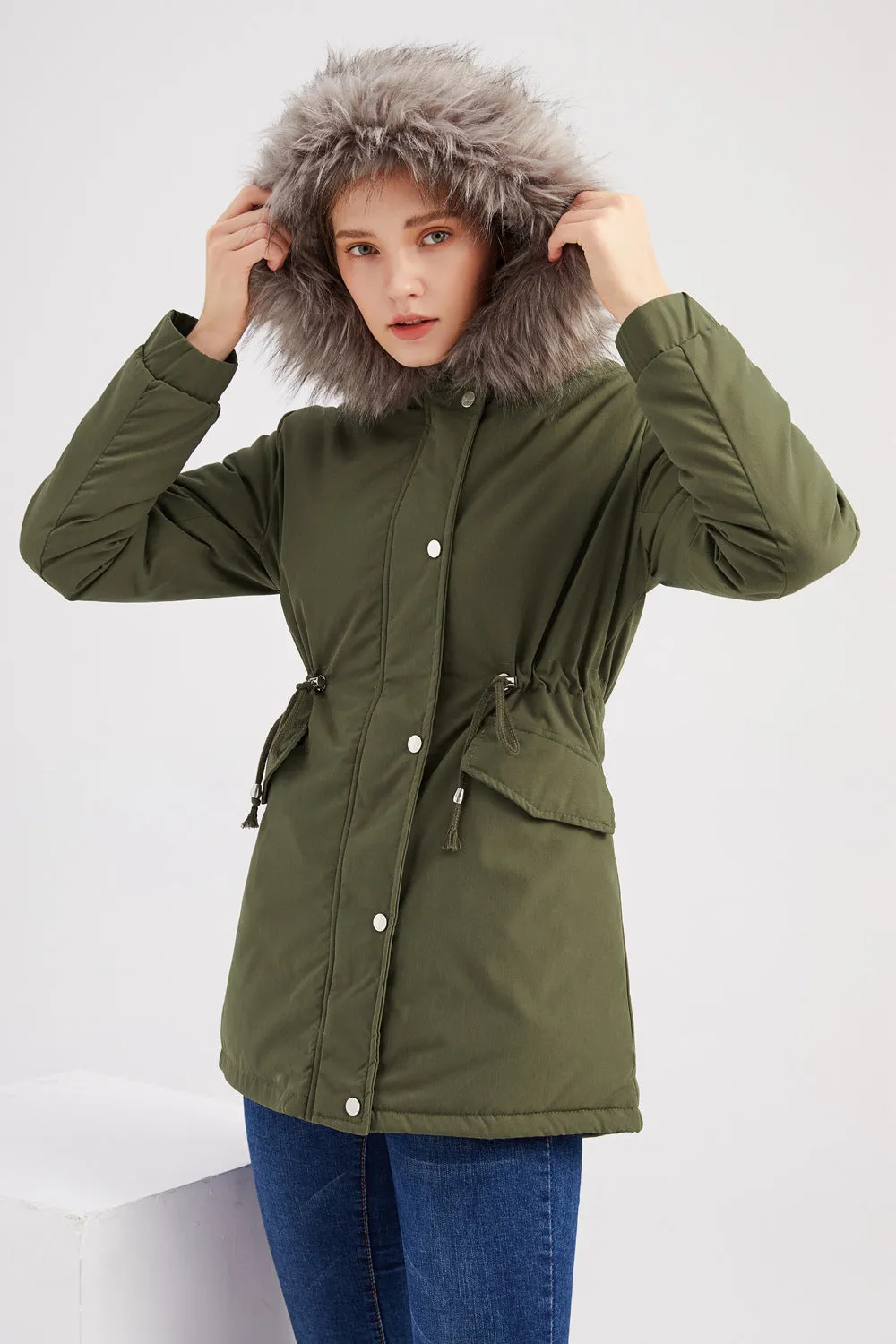 Sidiou Group Anniou Fashion Women's Mid-length Cotton Jacket Hooded Loose Solid Color Coat Winter Warm and Fleece Jacket with Drawstring