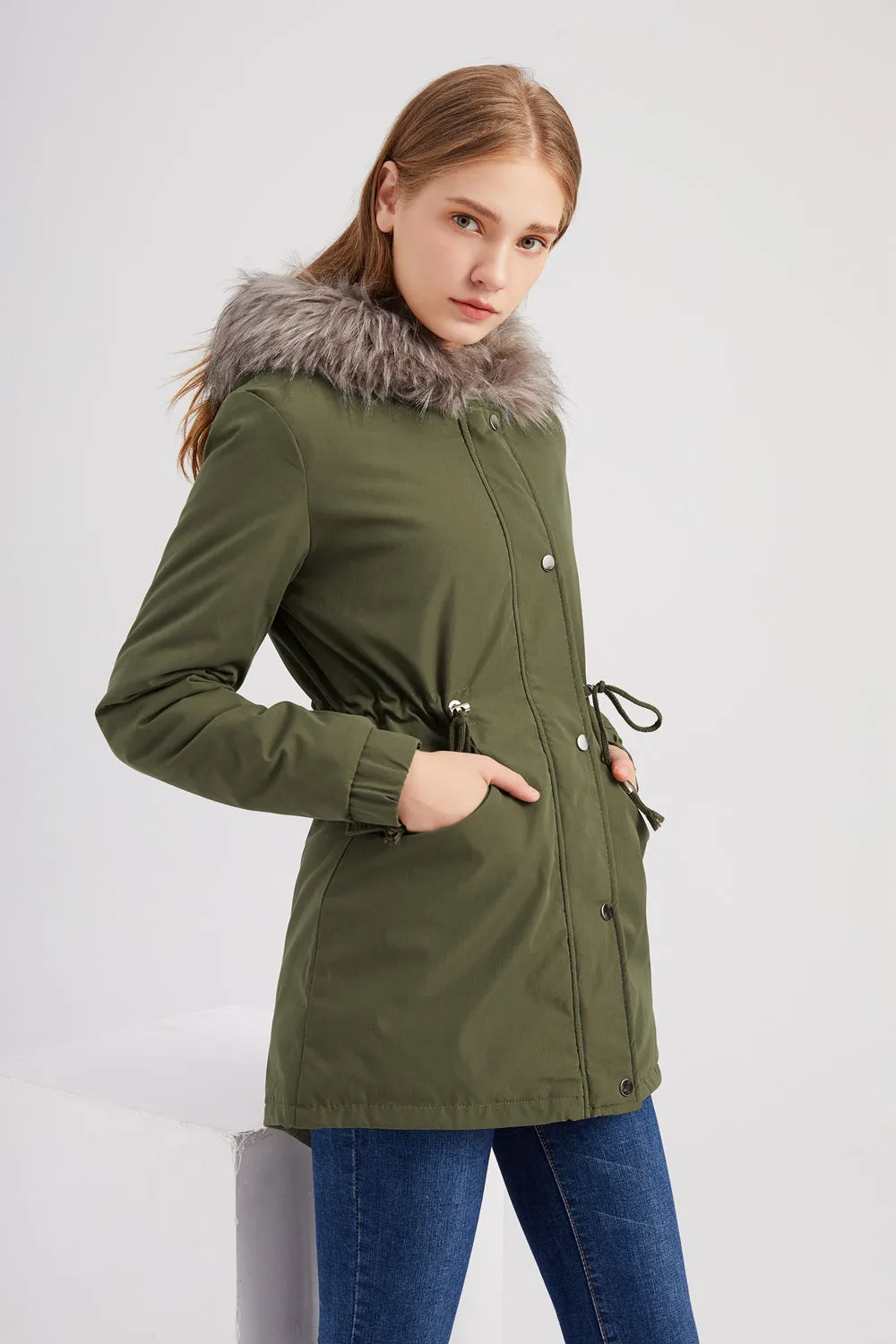 Sidiou Group Anniou Fashion Women's Mid-length Cotton Jacket Hooded Loose Solid Color Coat Winter Warm and Fleece Jacket with Drawstring