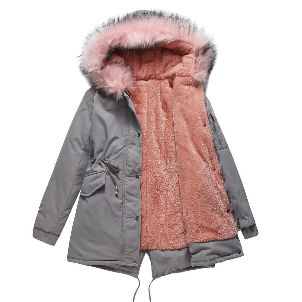 Sidiou Group Anniou Fashion Women's Mid-length Cotton Jacket Hooded Loose Solid Color Coat Winter Warm and Fleece Jacket with Drawstring