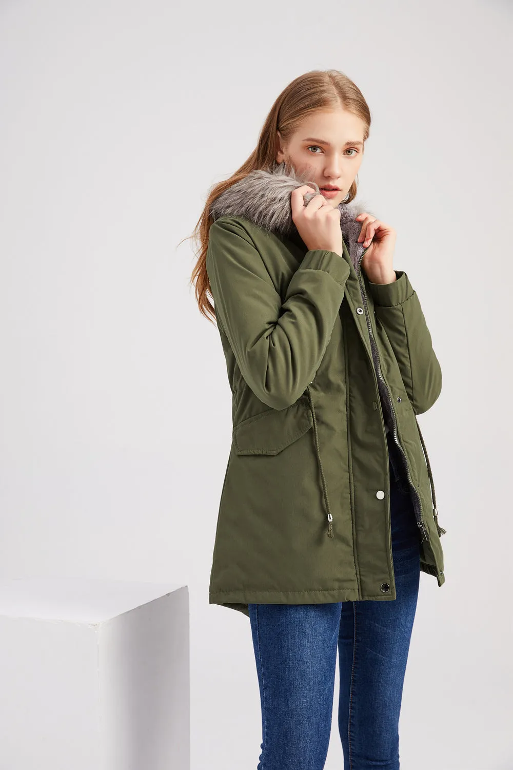 Sidiou Group Anniou Fashion Women's Mid-length Cotton Jacket Hooded Loose Solid Color Coat Winter Warm and Fleece Jacket with Drawstring