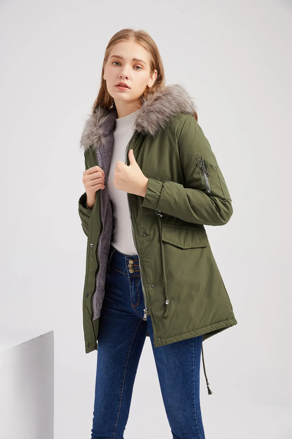 Sidiou Group Anniou Fashion Women's Mid-length Cotton Jacket Hooded Loose Solid Color Coat Winter Warm and Fleece Jacket with Drawstring