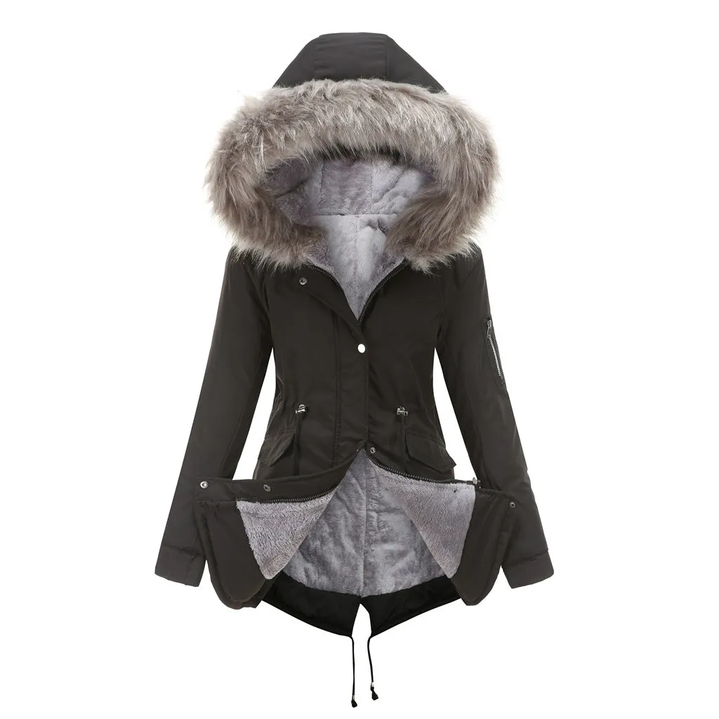 Sidiou Group Anniou Fashion Women's Mid-length Cotton Jacket Hooded Loose Solid Color Coat Winter Warm and Fleece Jacket with Drawstring
