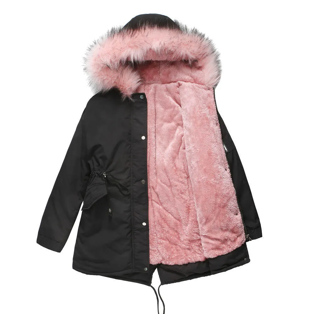 Sidiou Group Anniou Fashion Women's Mid-length Cotton Jacket Hooded Loose Solid Color Coat Winter Warm and Fleece Jacket with Drawstring