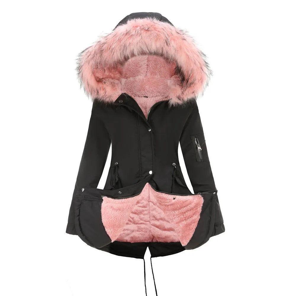 Sidiou Group Anniou Fashion Women's Mid-length Cotton Jacket Hooded Loose Solid Color Coat Winter Warm and Fleece Jacket with Drawstring