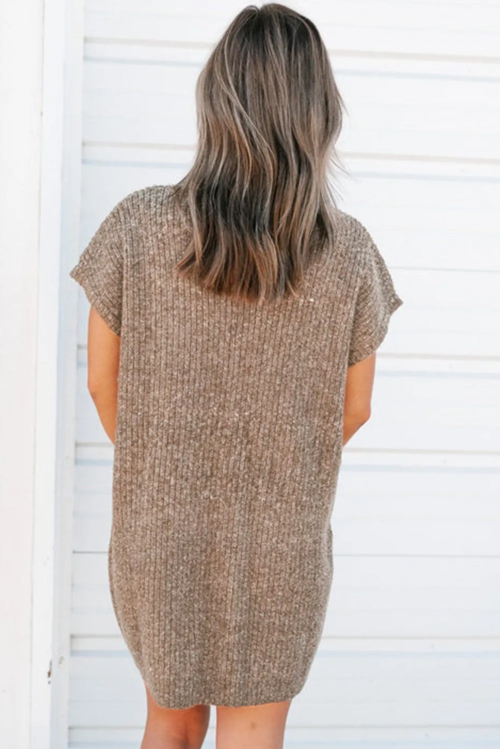 Simply Taupe Ruby Patch Pocket Ribbed Knit Short Sleeve Sweater Dress