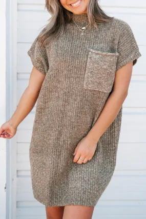 Simply Taupe Ruby Patch Pocket Ribbed Knit Short Sleeve Sweater Dress