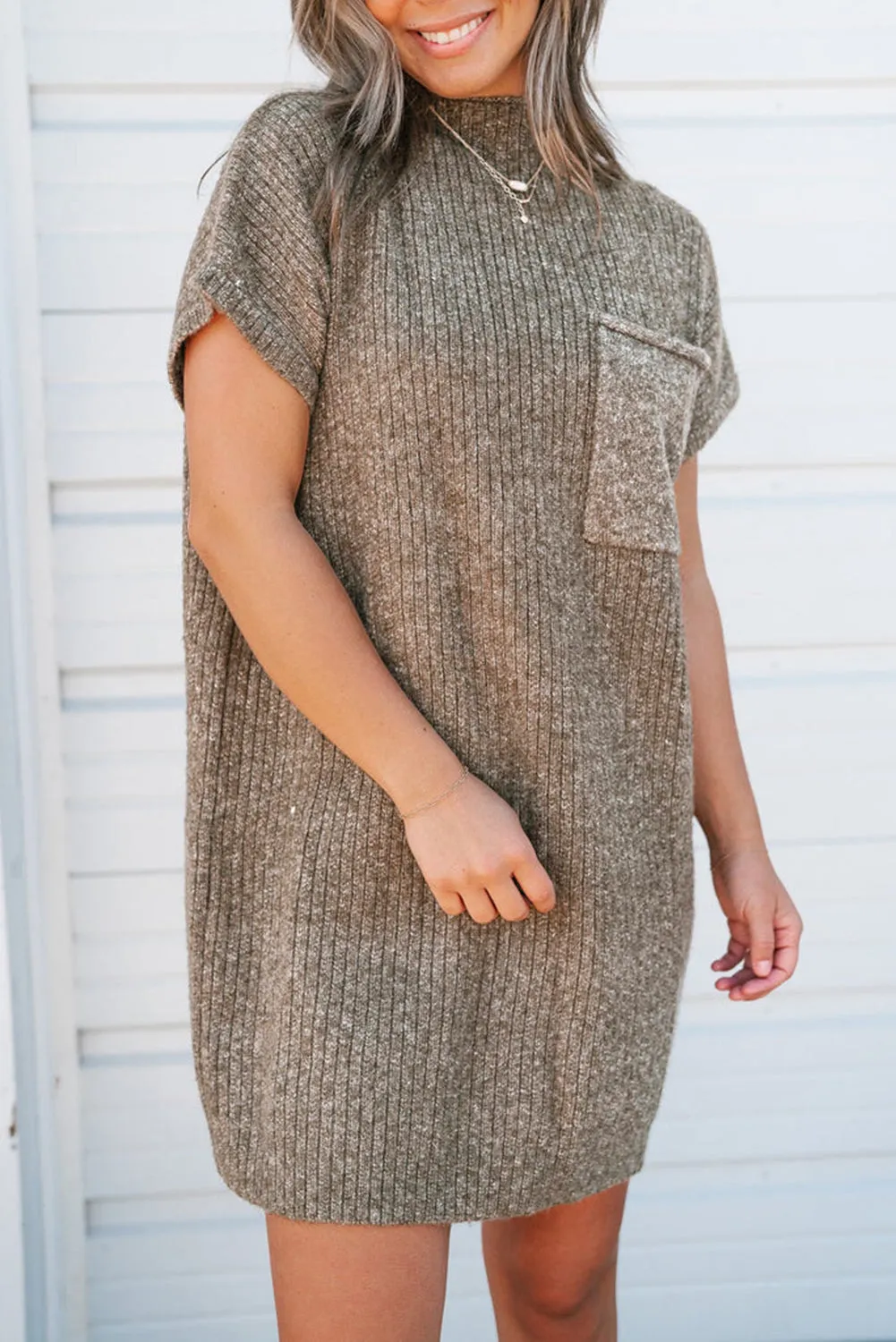 Simply Taupe Ruby Patch Pocket Ribbed Knit Short Sleeve Sweater Dress