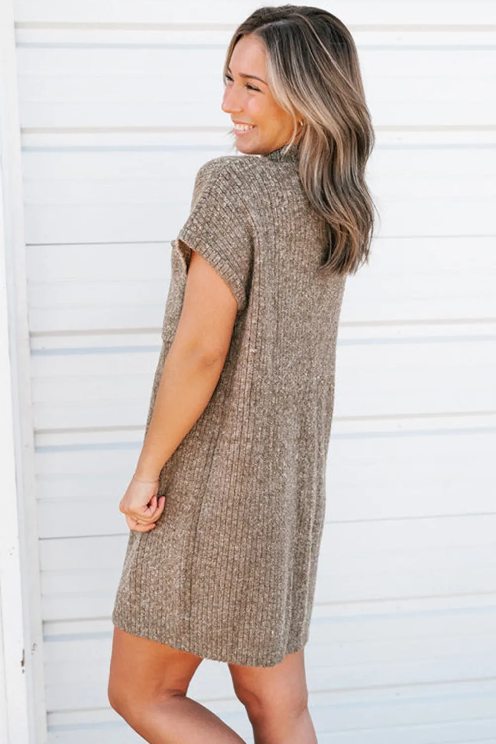 Simply Taupe Ruby Patch Pocket Ribbed Knit Short Sleeve Sweater Dress