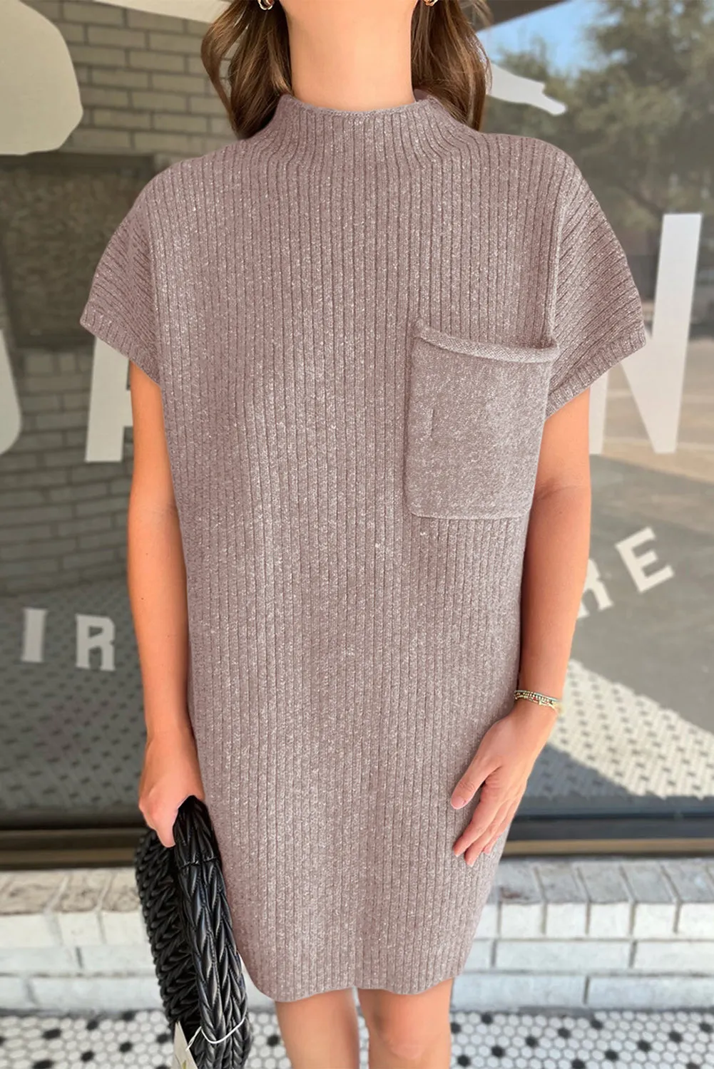 Simply Taupe Ruby Patch Pocket Ribbed Knit Short Sleeve Sweater Dress