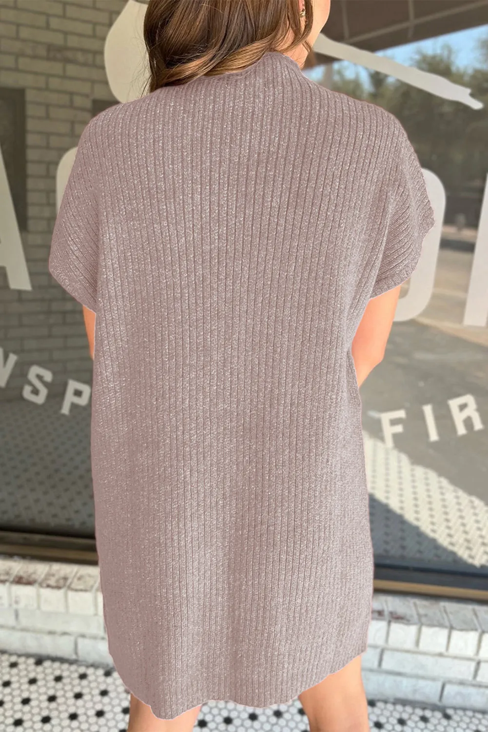 Simply Taupe Ruby Patch Pocket Ribbed Knit Short Sleeve Sweater Dress