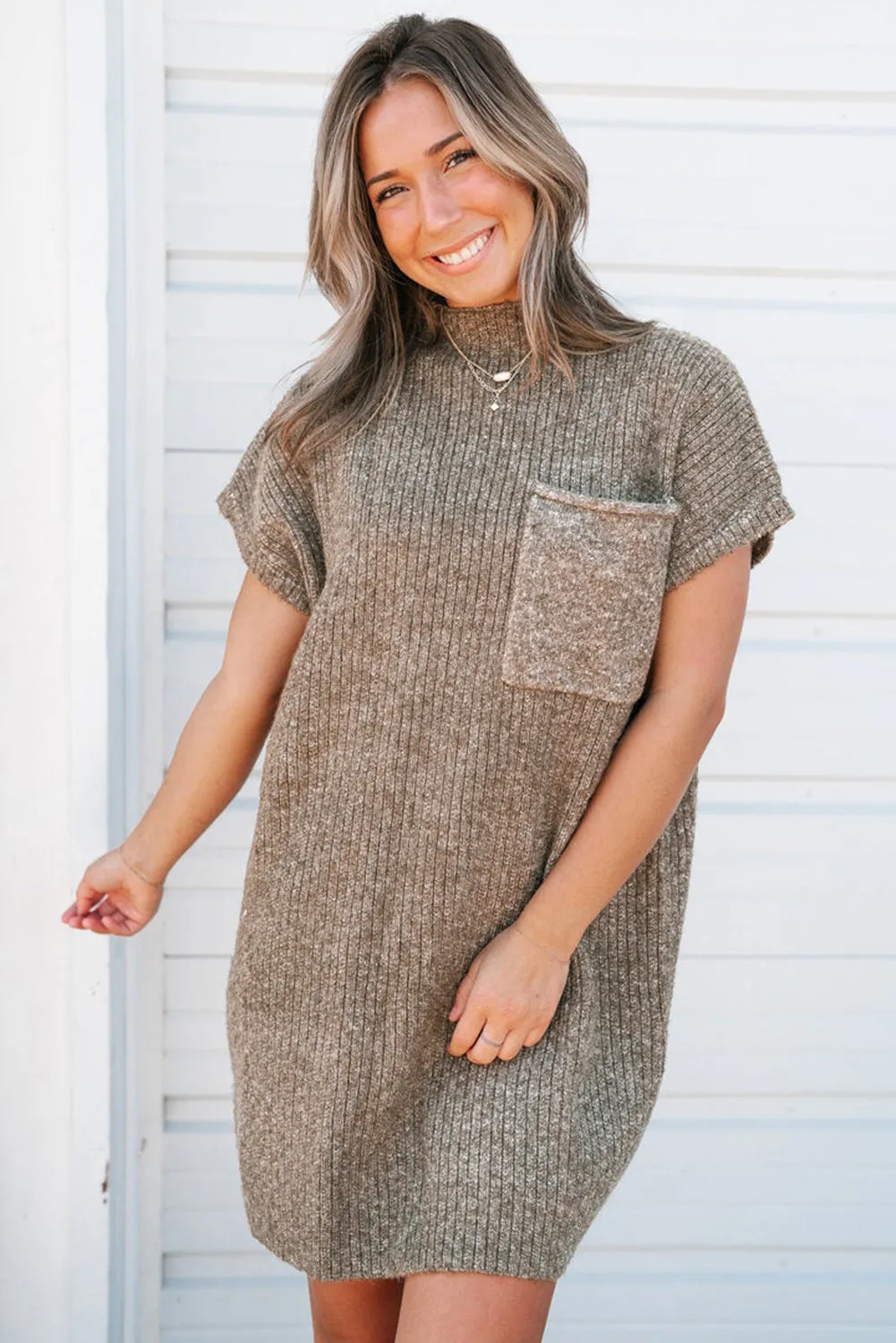 Simply Taupe Ruby Patch Pocket Ribbed Knit Short Sleeve Sweater Dress