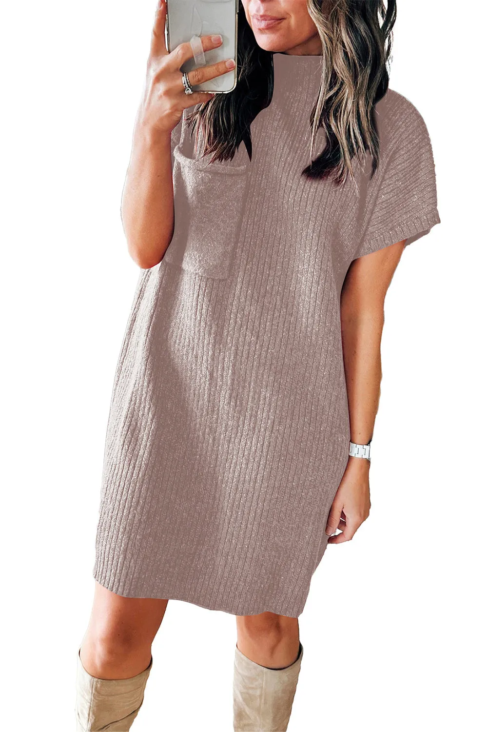 Simply Taupe Ruby Patch Pocket Ribbed Knit Short Sleeve Sweater Dress