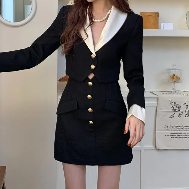 Single Breasted Lapel Blazer Top Black Skirt Set