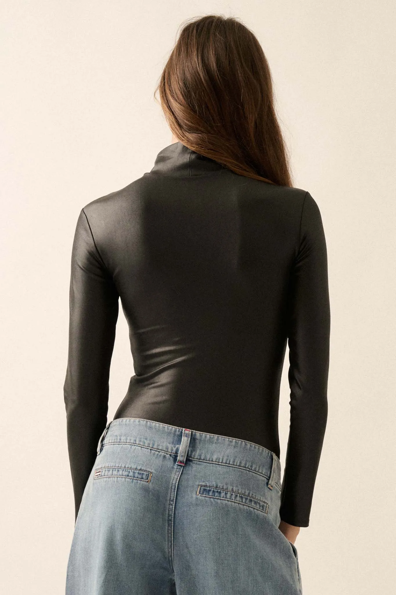 Sleek Attack Liquid Leather Mock-Neck Bodysuit