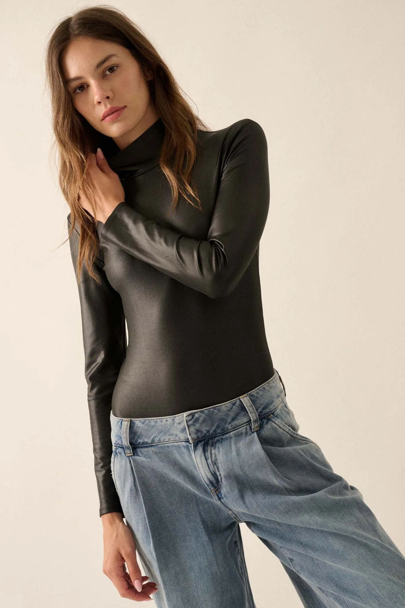 Sleek Attack Liquid Leather Mock-Neck Bodysuit